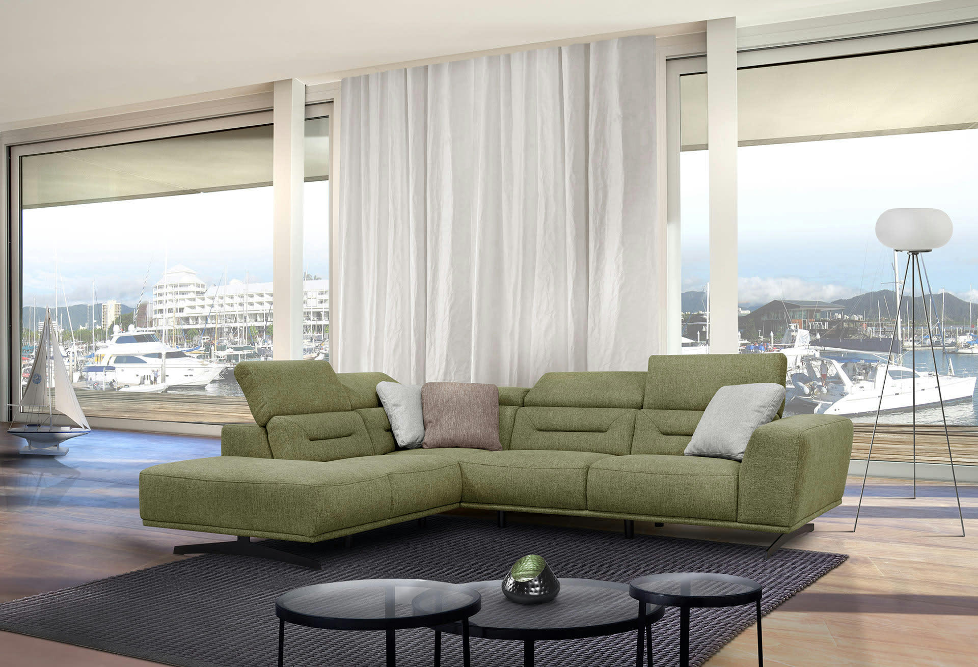 LUCANO - Canapé d'angle gauche 5 places tissu vert