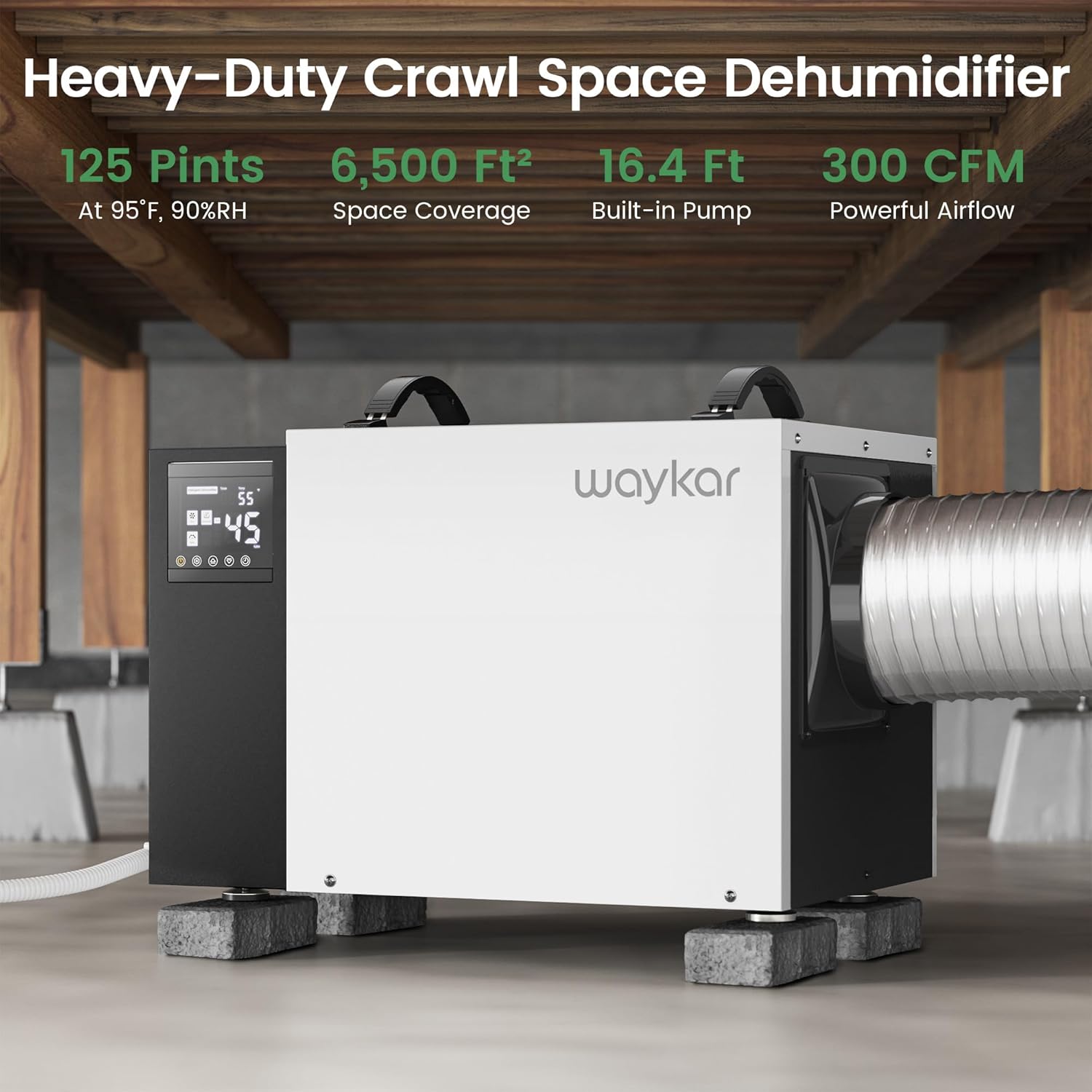 Waykar 125 Pint Crawl Space Dehumidifier with Pump and Drain Hose for commercial, Basements, and Water Damage Unit for Spaces up to 6500 Square Feet, Smart Humidity Control - 5-Year Quality Coverage