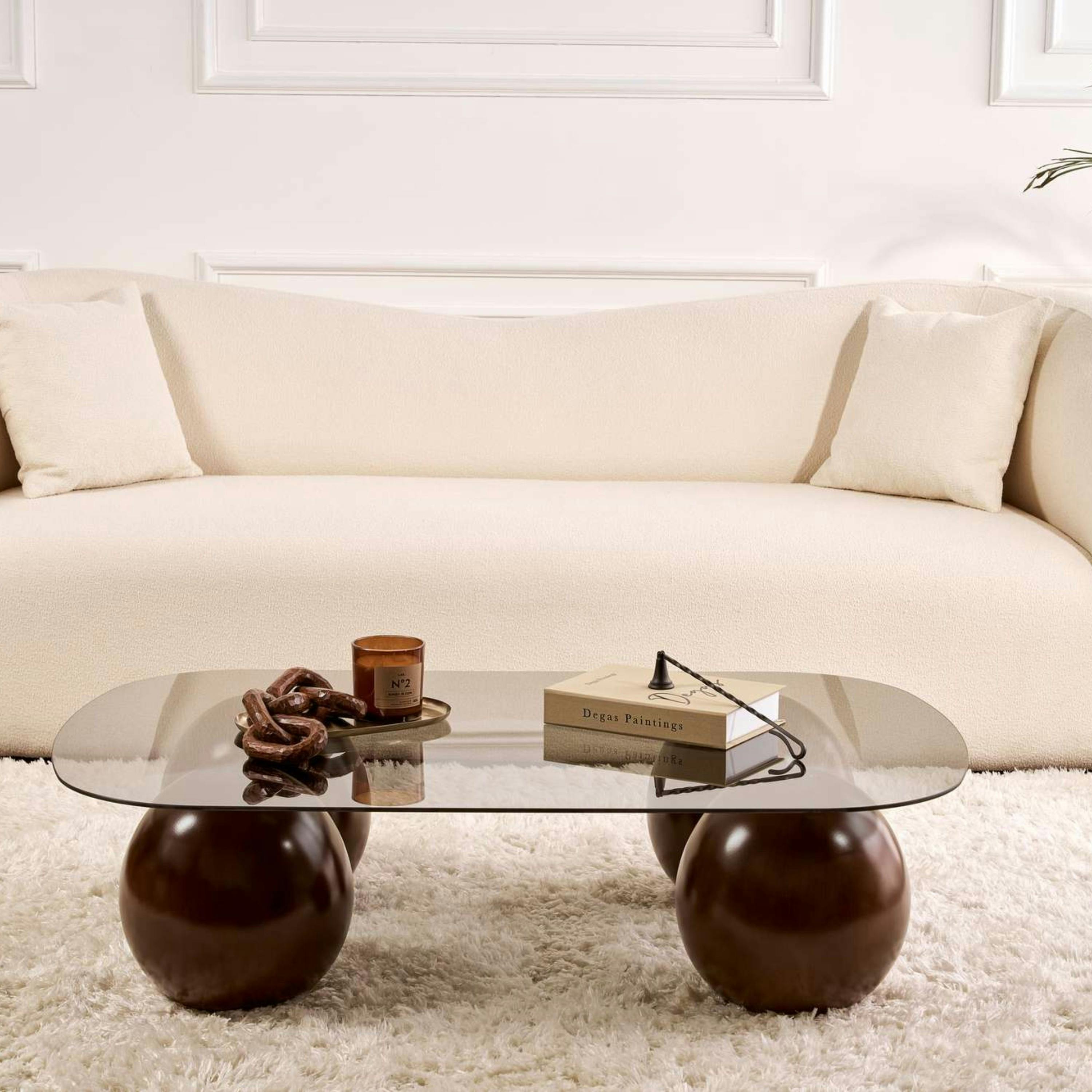Table basse verre fumé bords arrondis 4 pieds boule KOCHI