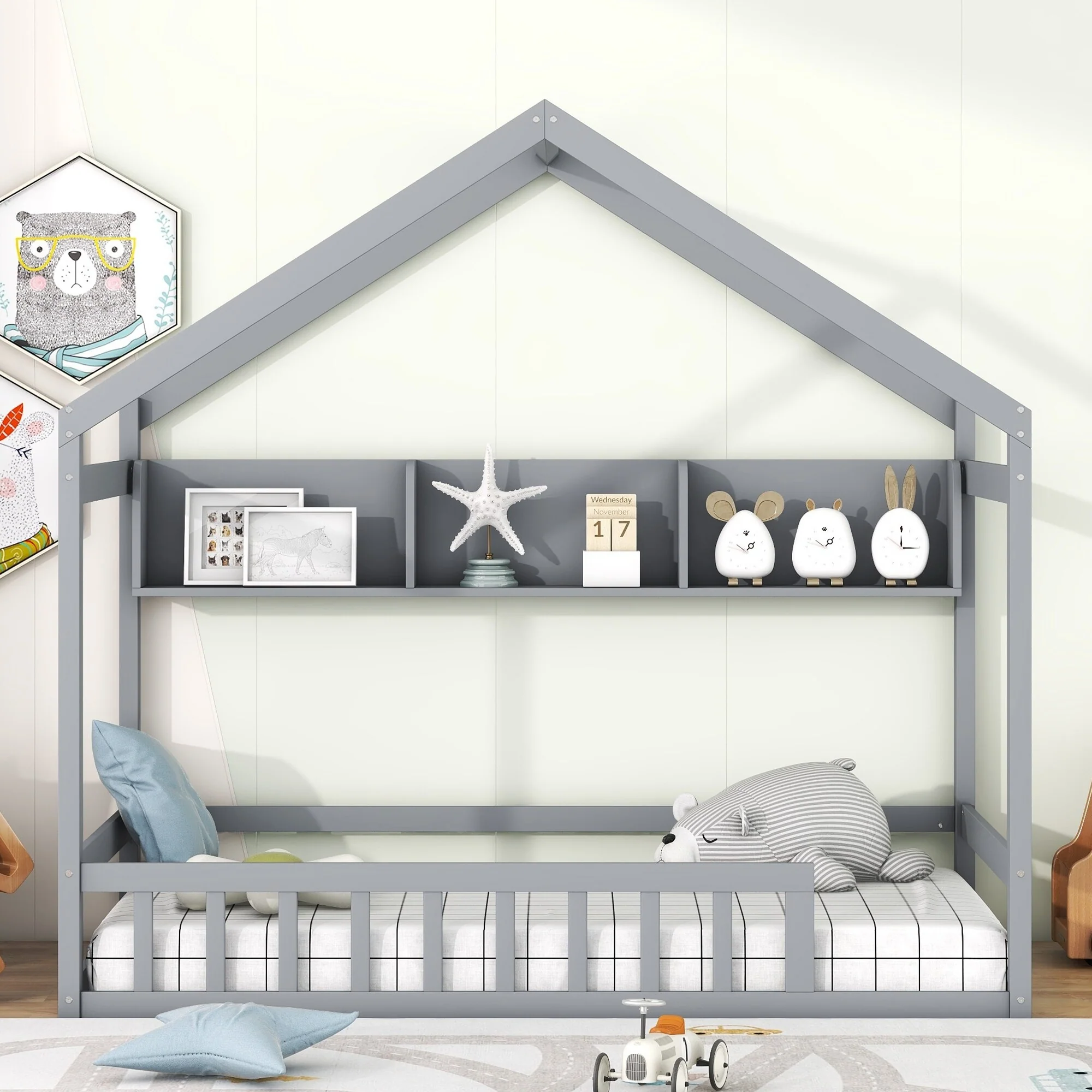 Wooden Twin Size House Bed with Storage Shelf and Roof, Kids Playhouse Bed