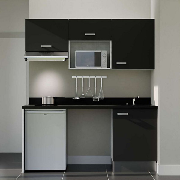 Kitchenette K55 - 180 cm - façades Noir - Plan monobloc en quartz coloris Nero évier à droite - Electroménager Inox
