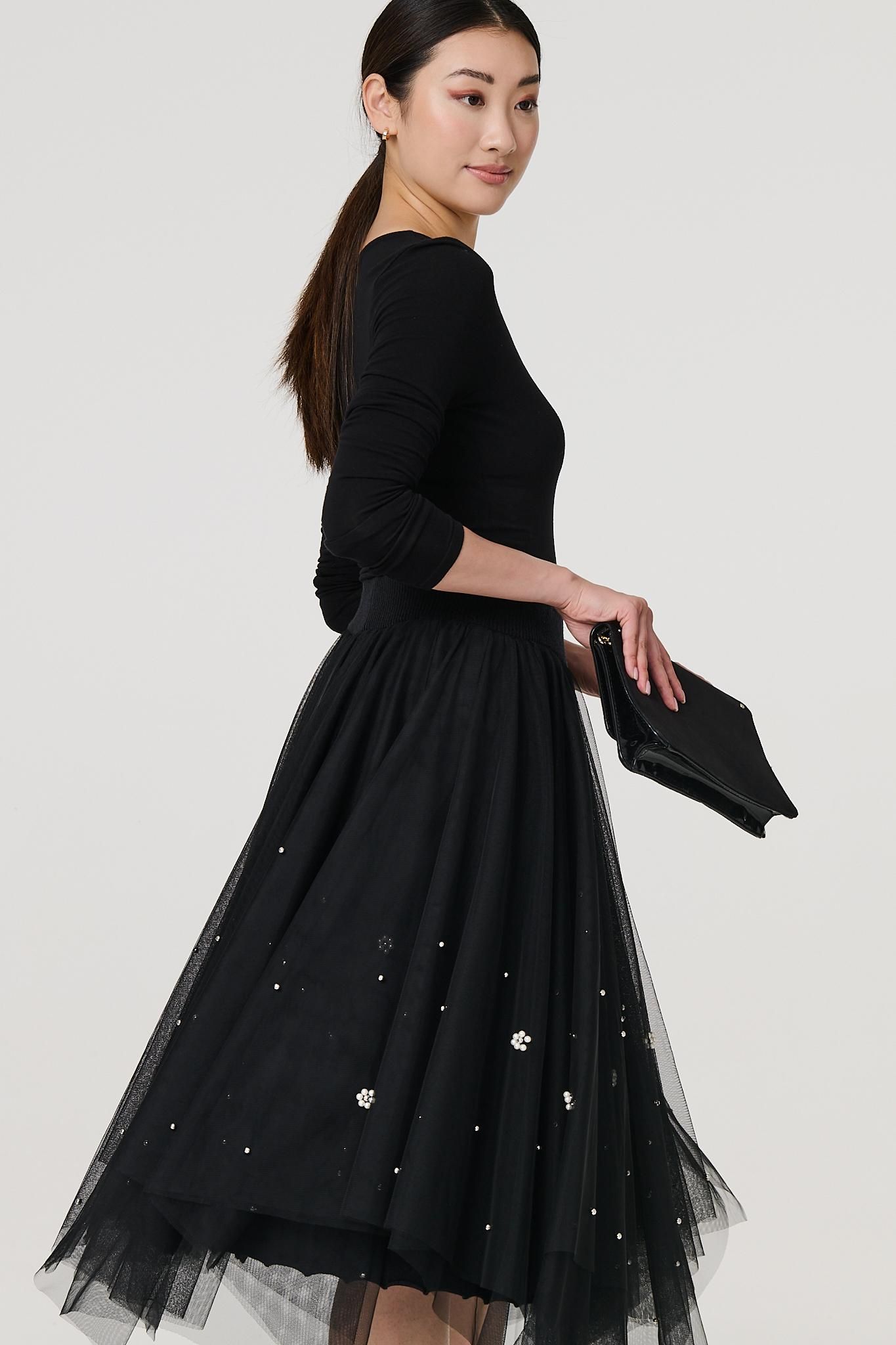 Izabel London Reversible Hanky Hem Mesh & Knit Midi Skirt