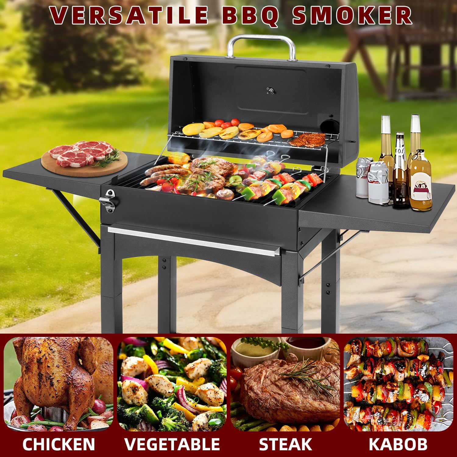 Charcoal Grills Outdoor BBQ Grill with 2 Side Table,Barbecue Grill Smoker with 343 Sq.in.Cooking Area for Outdoor Cooking Backyard Camping Picnics Beach by DNKMOR