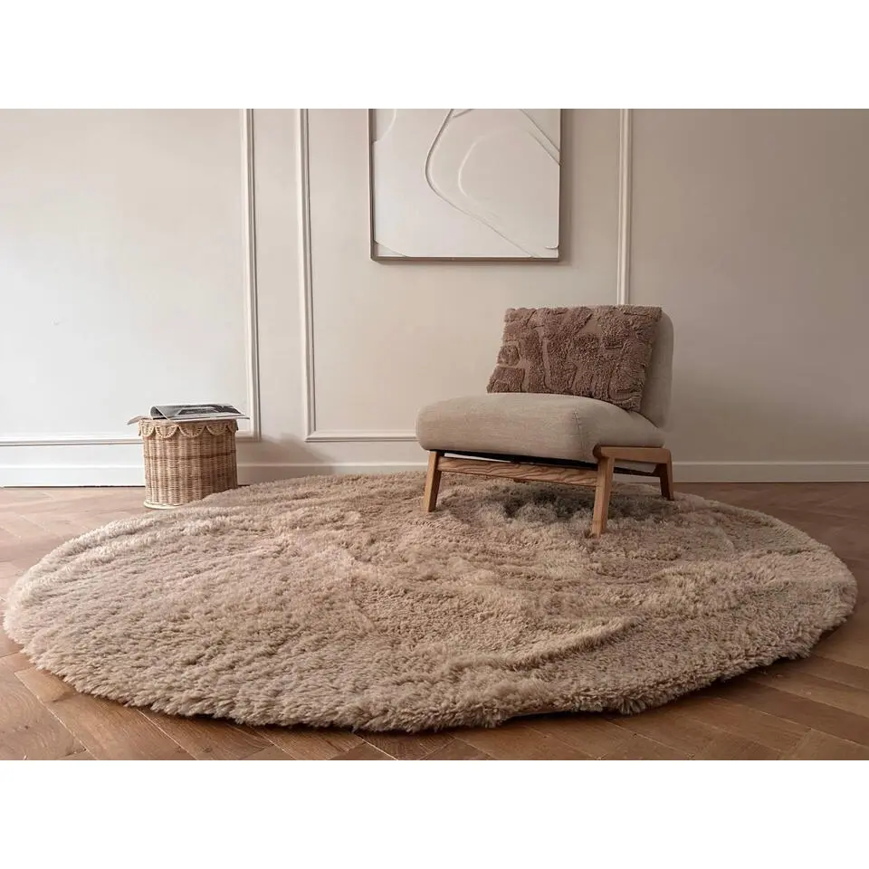 Interieur05 rond hoogpolig vloerkleed Furr bruin - 160 x 160 cm