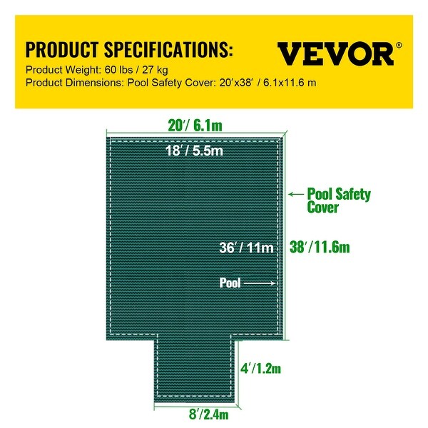 VEVOR Pool Safety Cover Fits Rectangle Inground Safety Pool Cover Green Mesh with 4x8ft Center End Steps Solid Pool