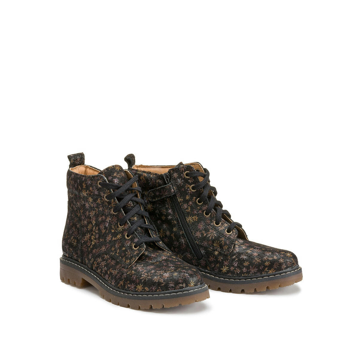 Bottines à lacets zippées en cuir à motif fleuri