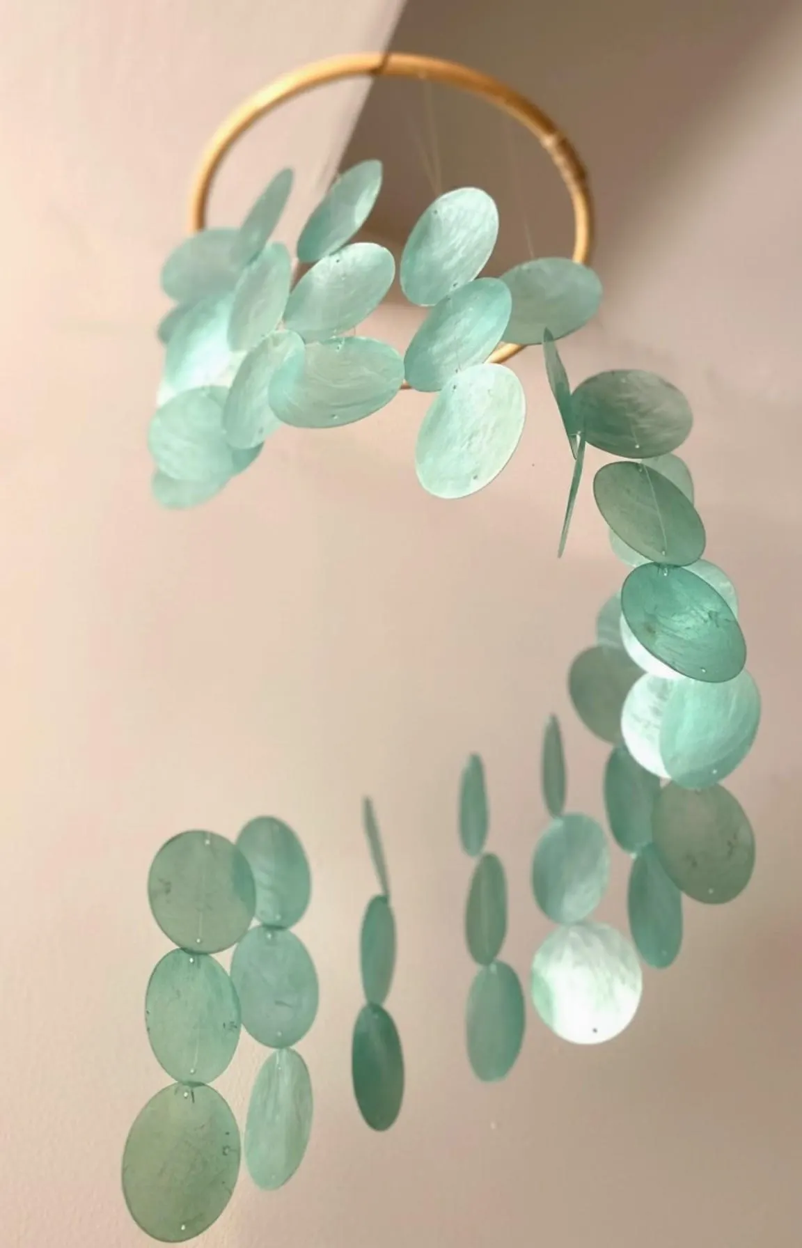 Mother-of-pearl wind chime in aqua green, mobile wall decoration