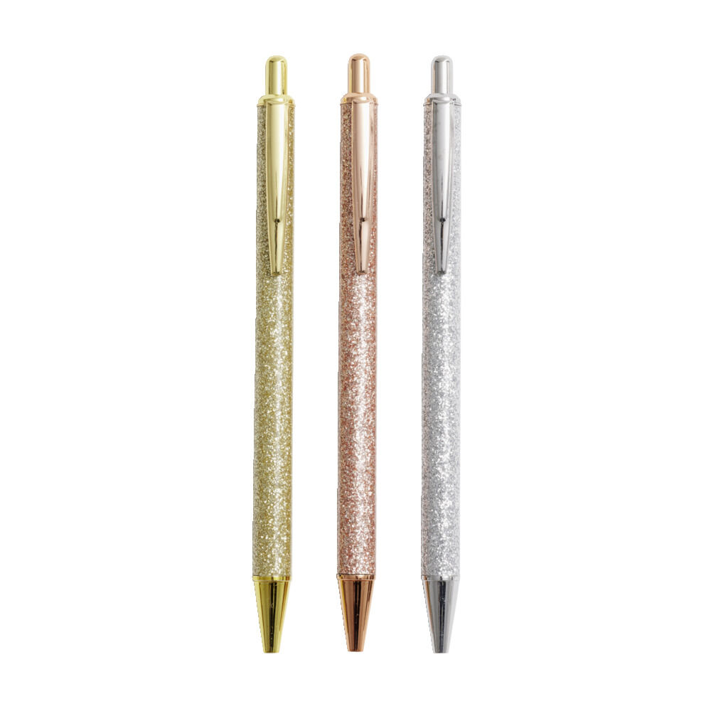 Stylo à bille bleu rétractable design pailleté x3