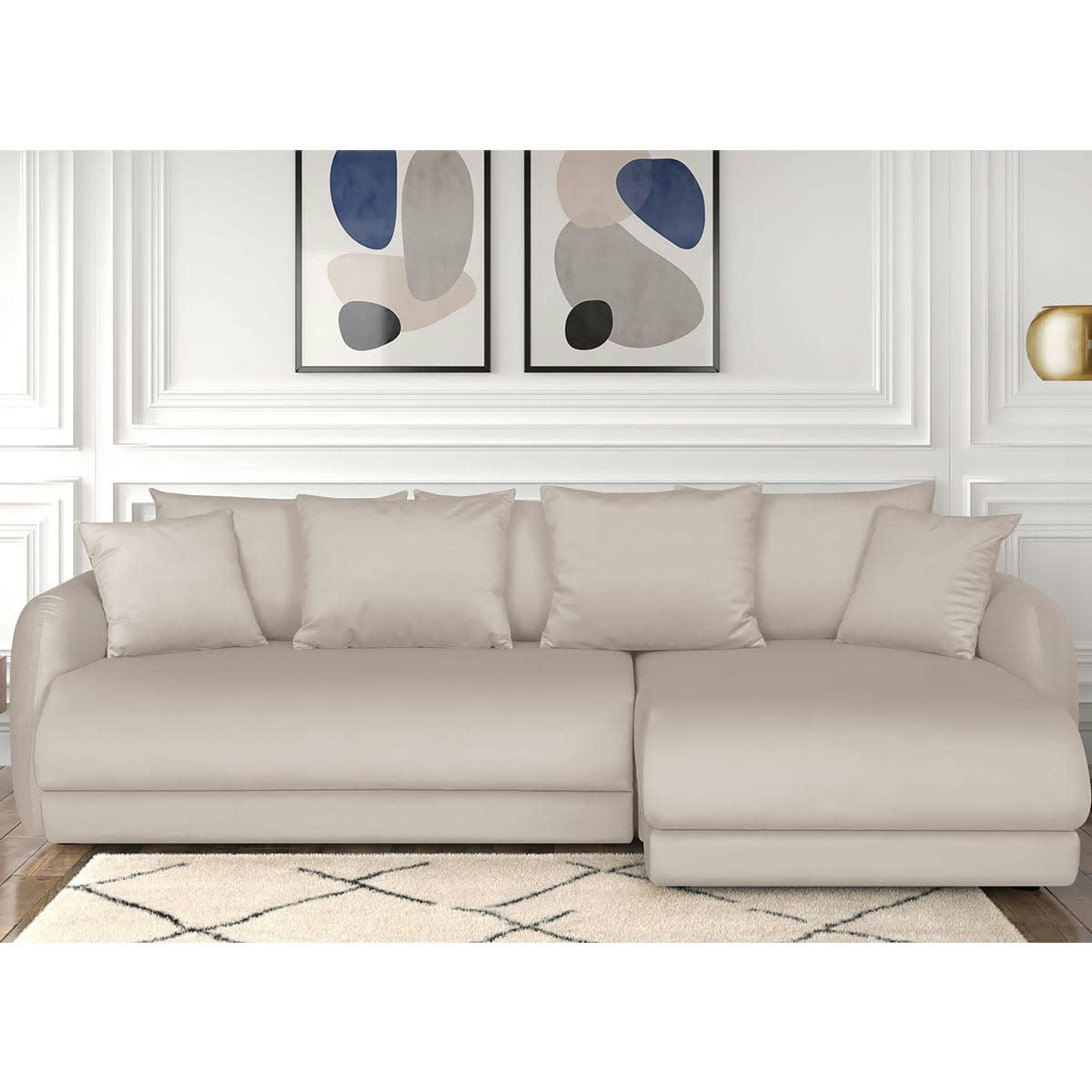 GIULIA - Canapé d'angle droit 5 places convertible + coffre, velours crème