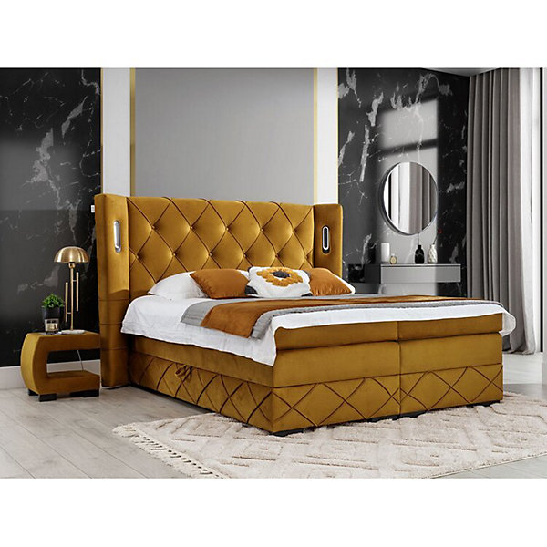 Lit continental Baltimore 187, Double, Jaune, Tissu, Disponible