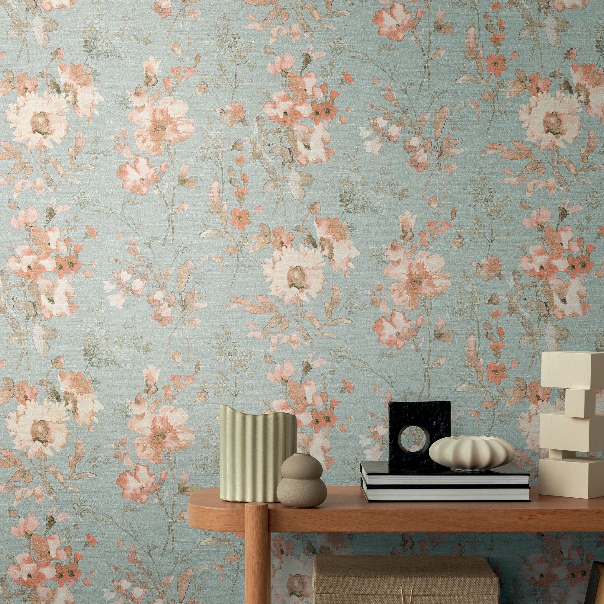 CosmoLiving Papier peint intissé PETAL POETRY bleu azurin et rose poudré
