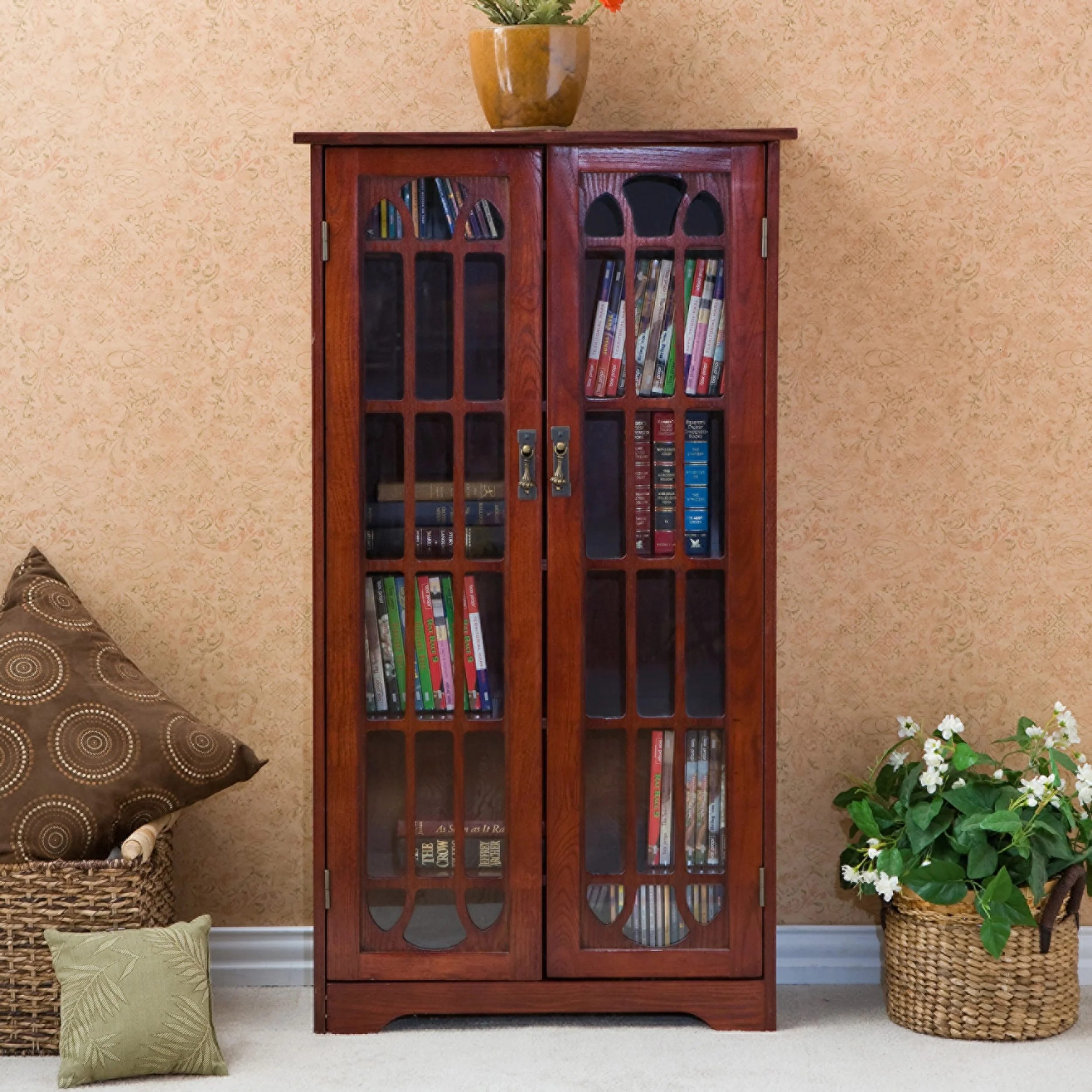 SEI Furniture Cherry Window Pane Media Cabinet