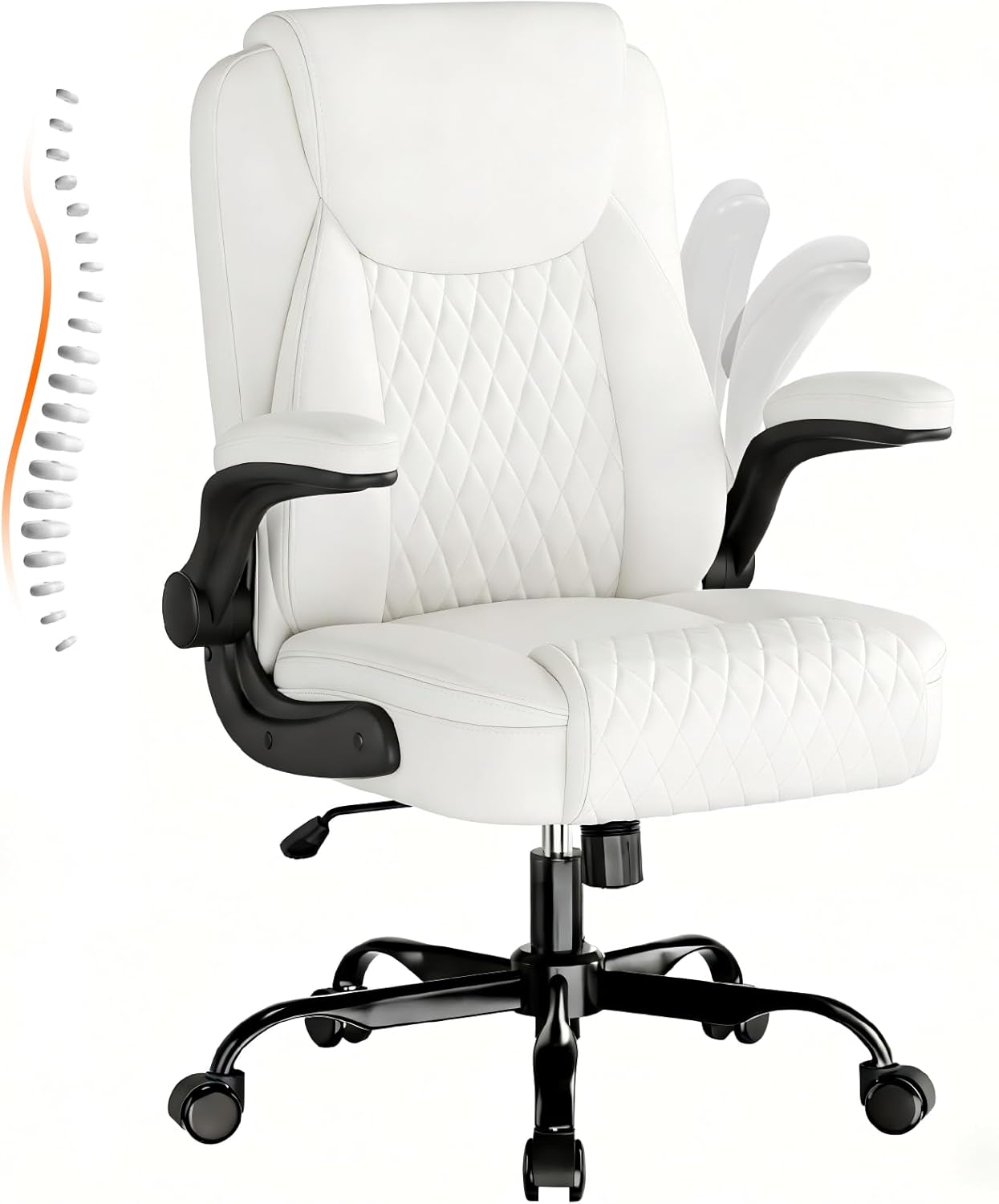 GTPLAYER Leather Office Chair, Home Desk Chair with Flip-up Arms and Ergonomic Back - Comfy Heavy Duty Executive Chair for Home Office Gaming, White