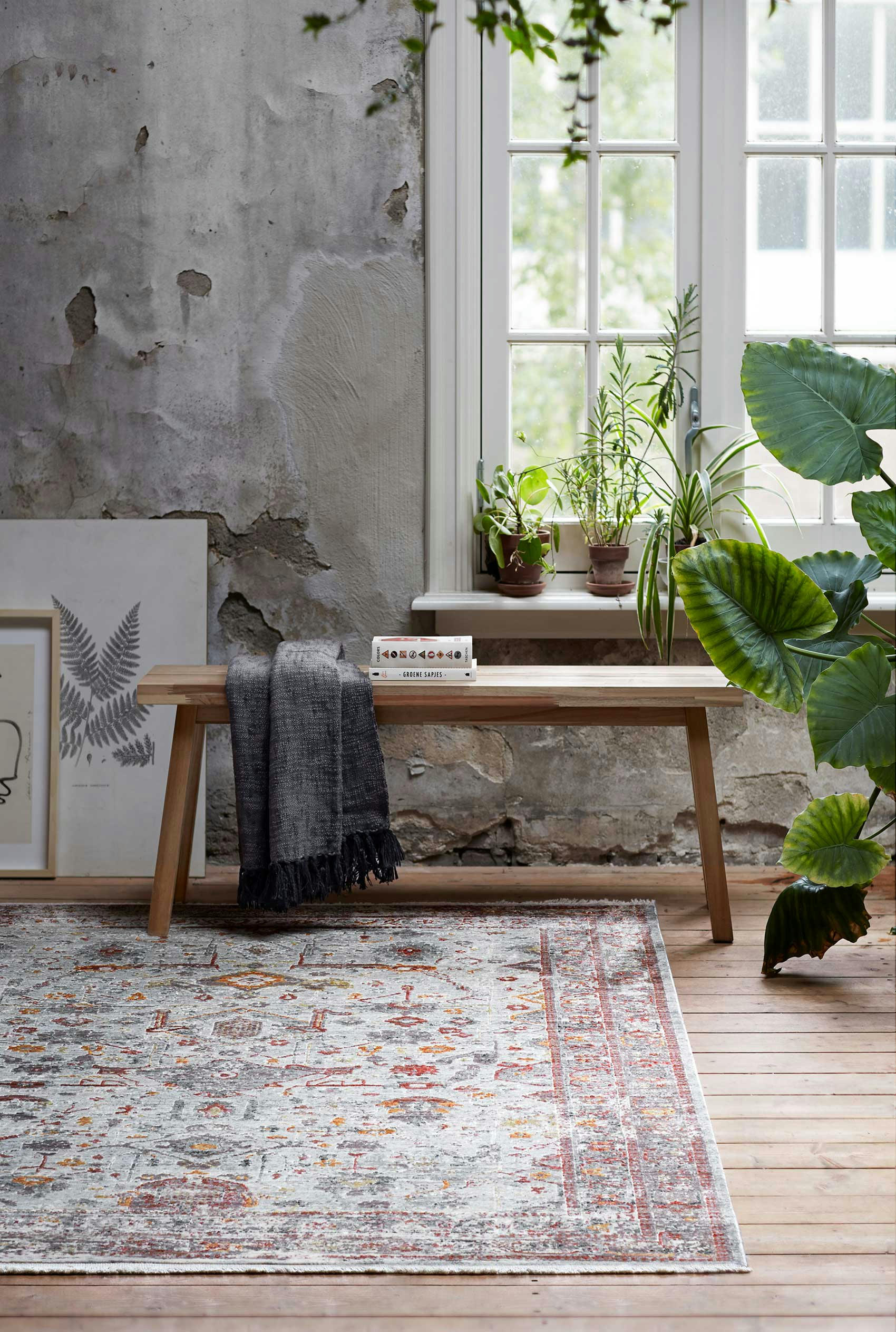 SOHO - Tapis vintage bohème à poils ras et franges multicolore beige 290x240