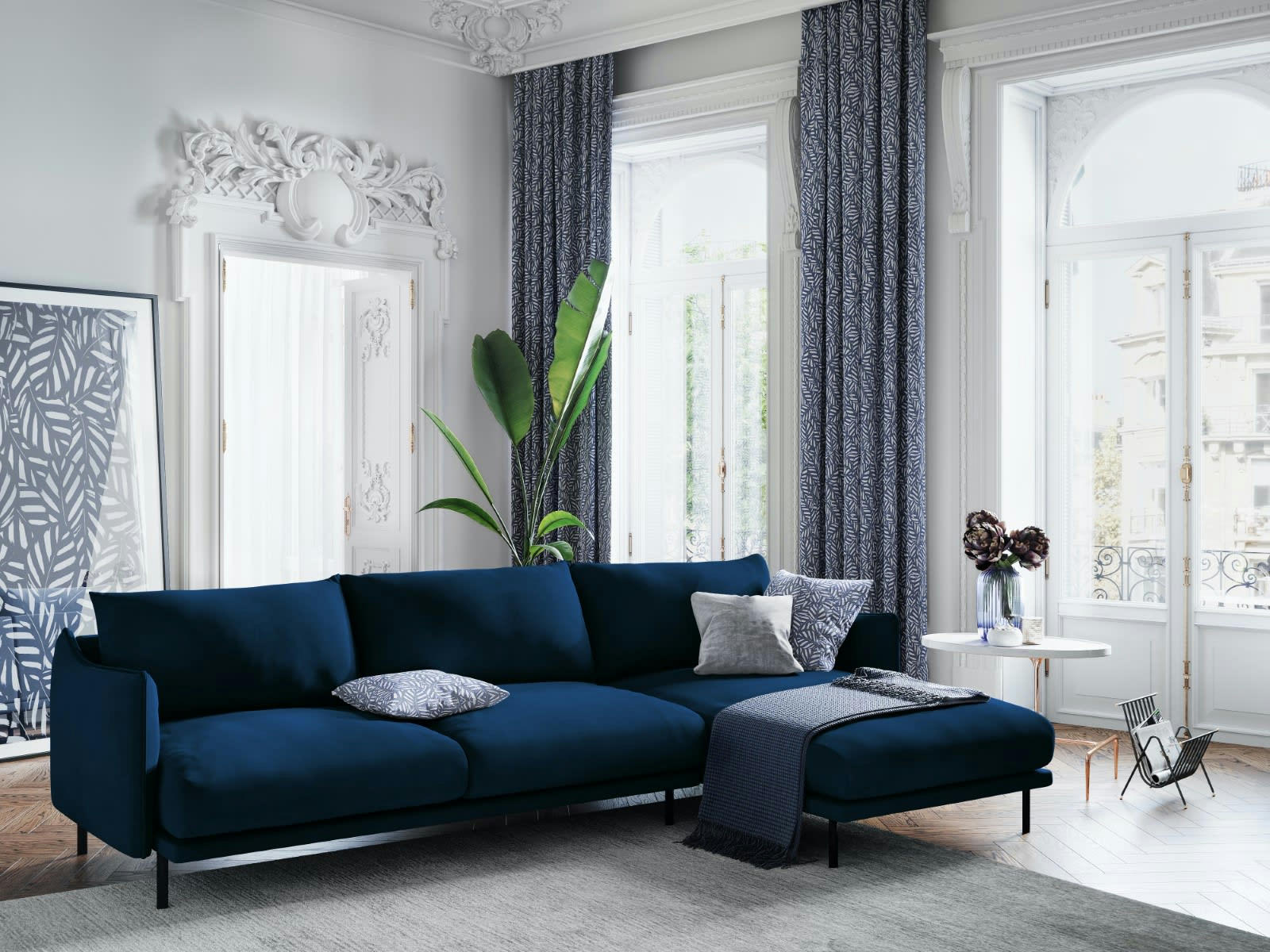 PARIS - Canapé D'Angle Droit 5 places en Velours Bleu Roi