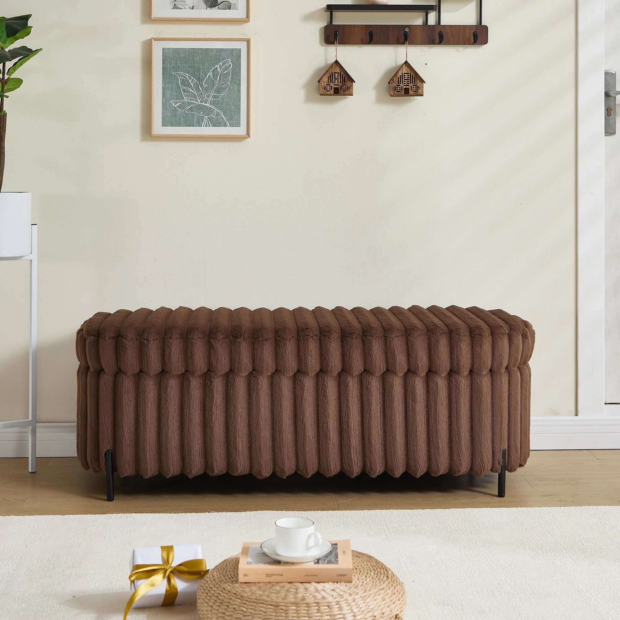 49.2 Wide Faux Fur Flip Top Storage Bench with Black Metal Legs