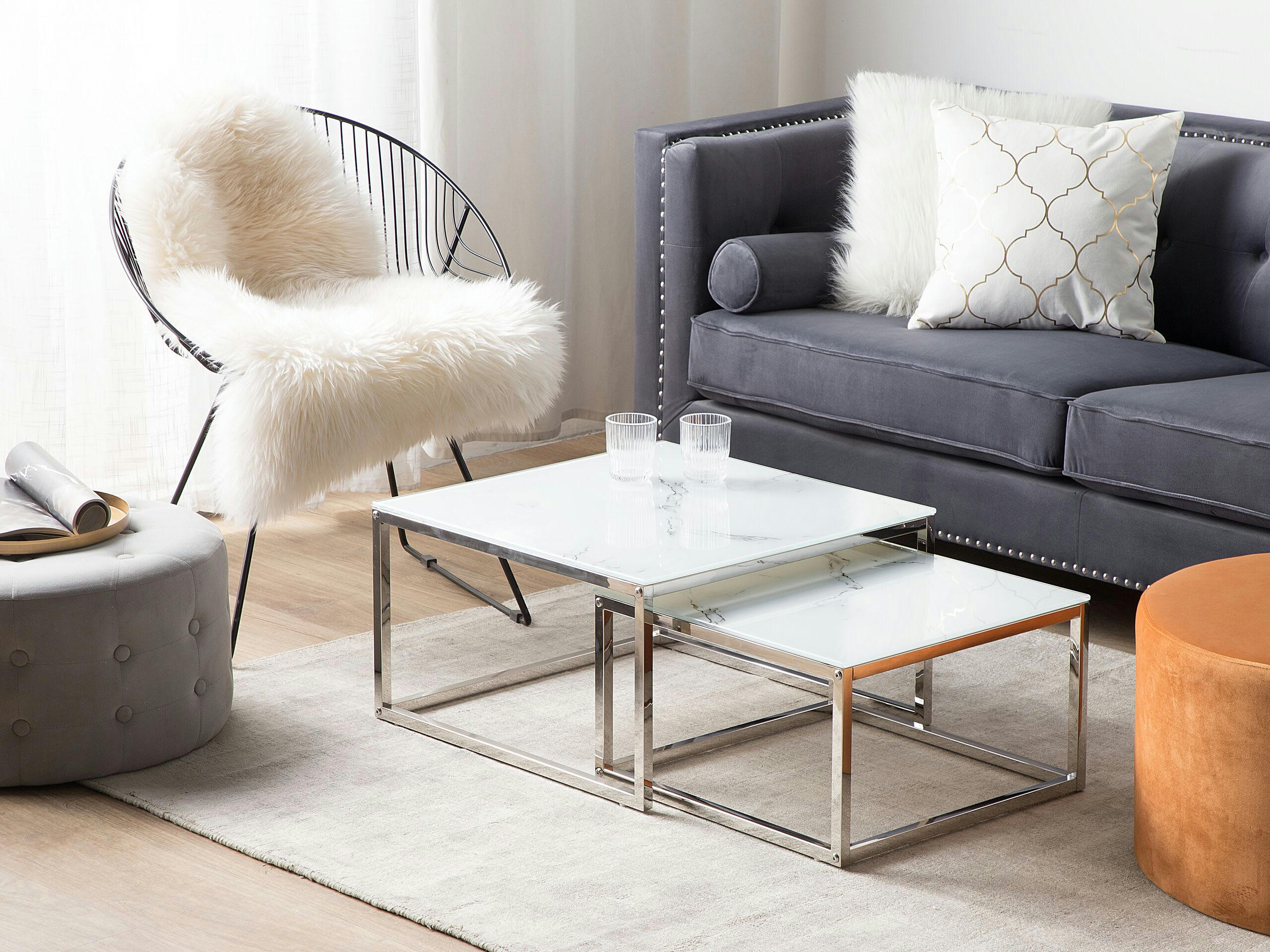 BREA - Lot de 2 tables basses imitation marbre blanc