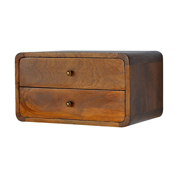 Artisan Furniture Table de chevet flottante en bois massif courbé, 2 tiroirs, marron foncé