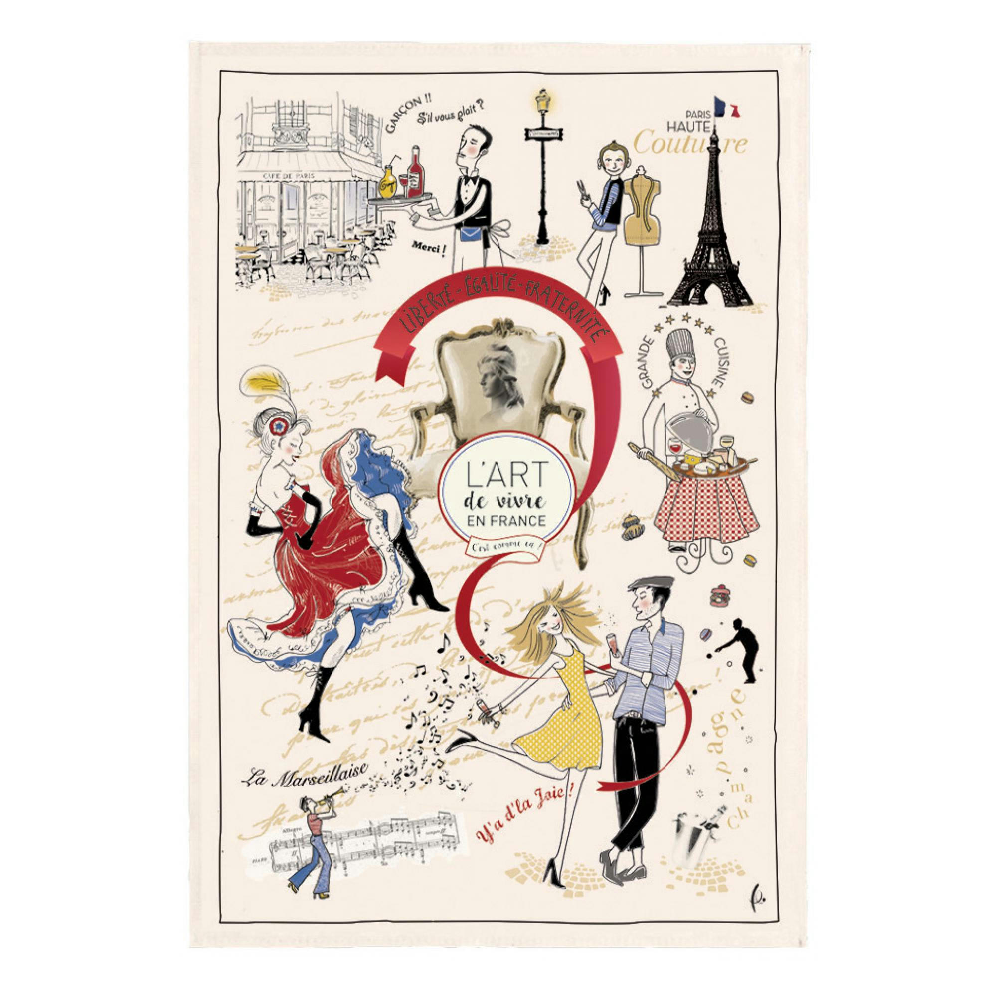 VINTAGE - Torchon imprimé art de vivre en coton ecru 48 x 72