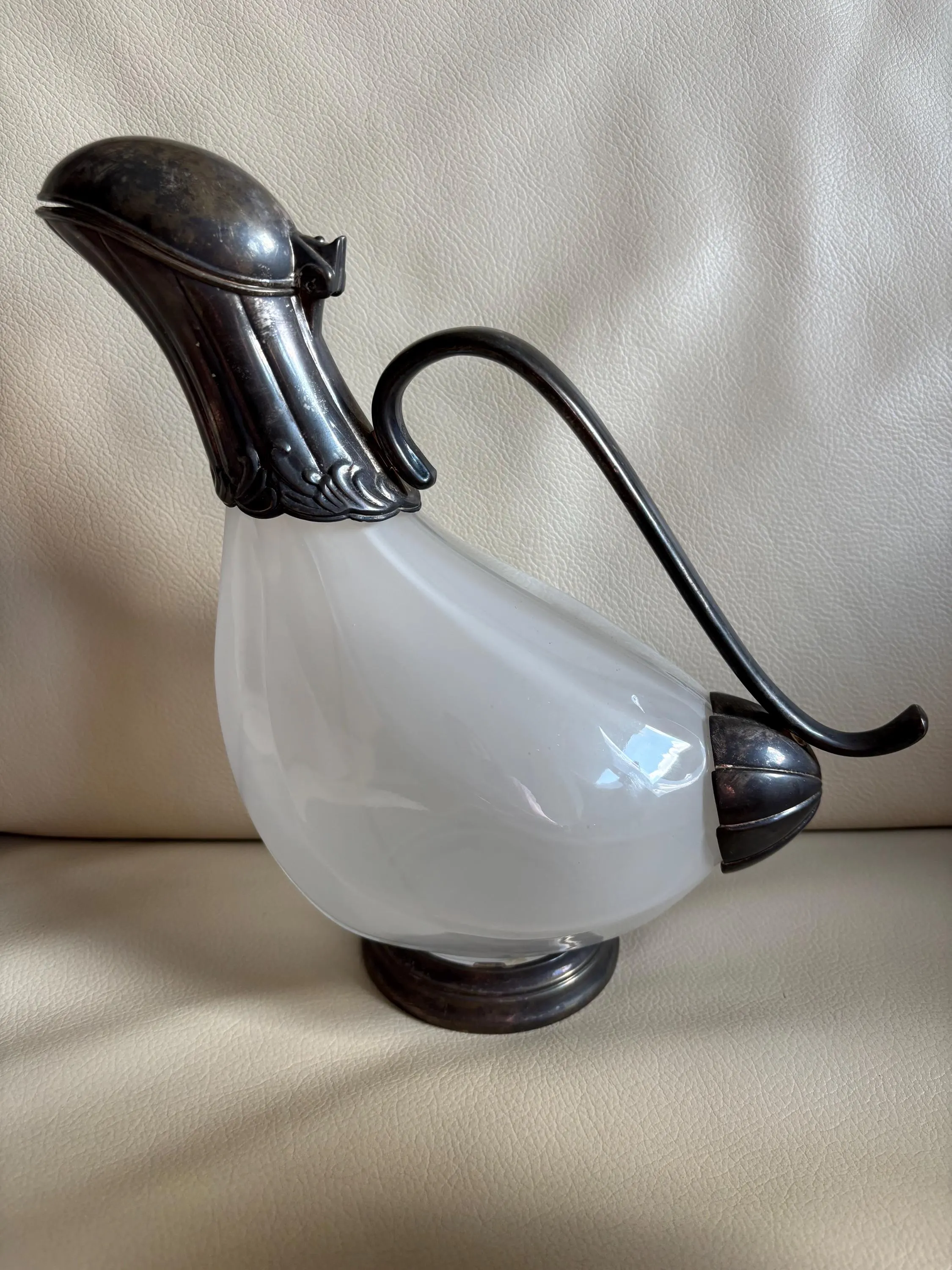 Vintage French bird-shaped decanter made of silver-plated metal and glass for water, wine, port, wedding celebration, unique, circa 1970-80s
