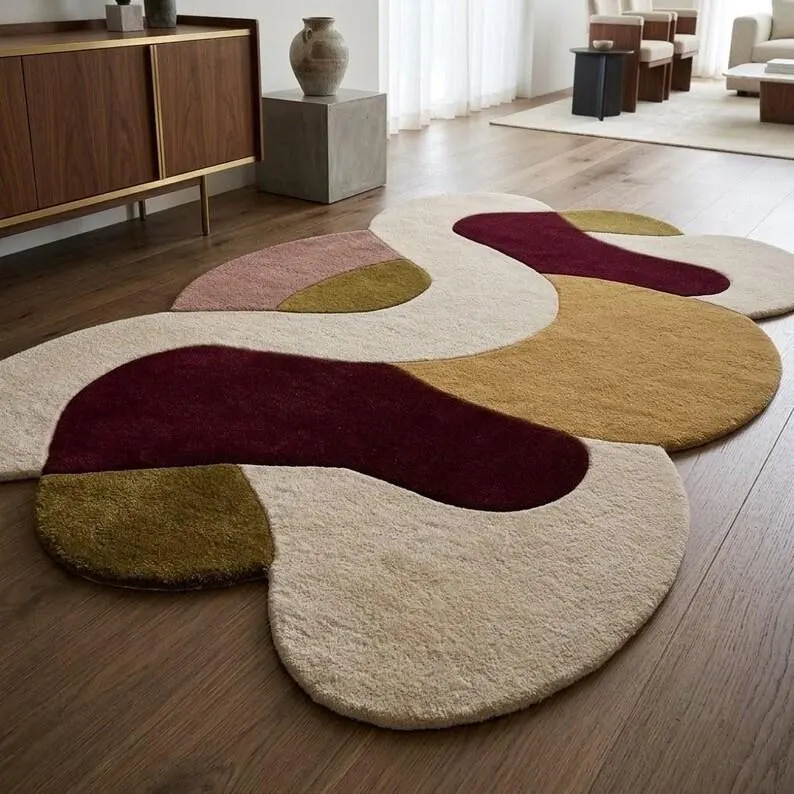 Hand Tufted Abstract Area Rug, Organic Shape Wool Rug, Modern Irregular Rug, Burgundy Mustard Green Cream Rug, Contemporary Statement Carpet