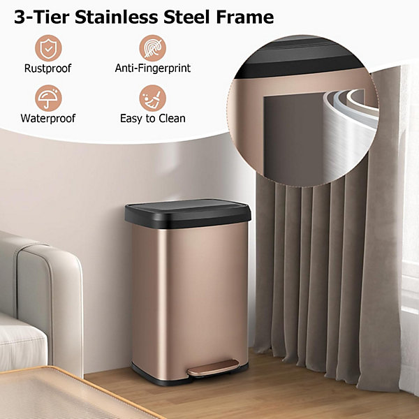 50L Poubelle à Pédale Poubelle en Acier Inoxydable avec Couvercle à Fermeture Douce Compartiment Désodorisant Rose