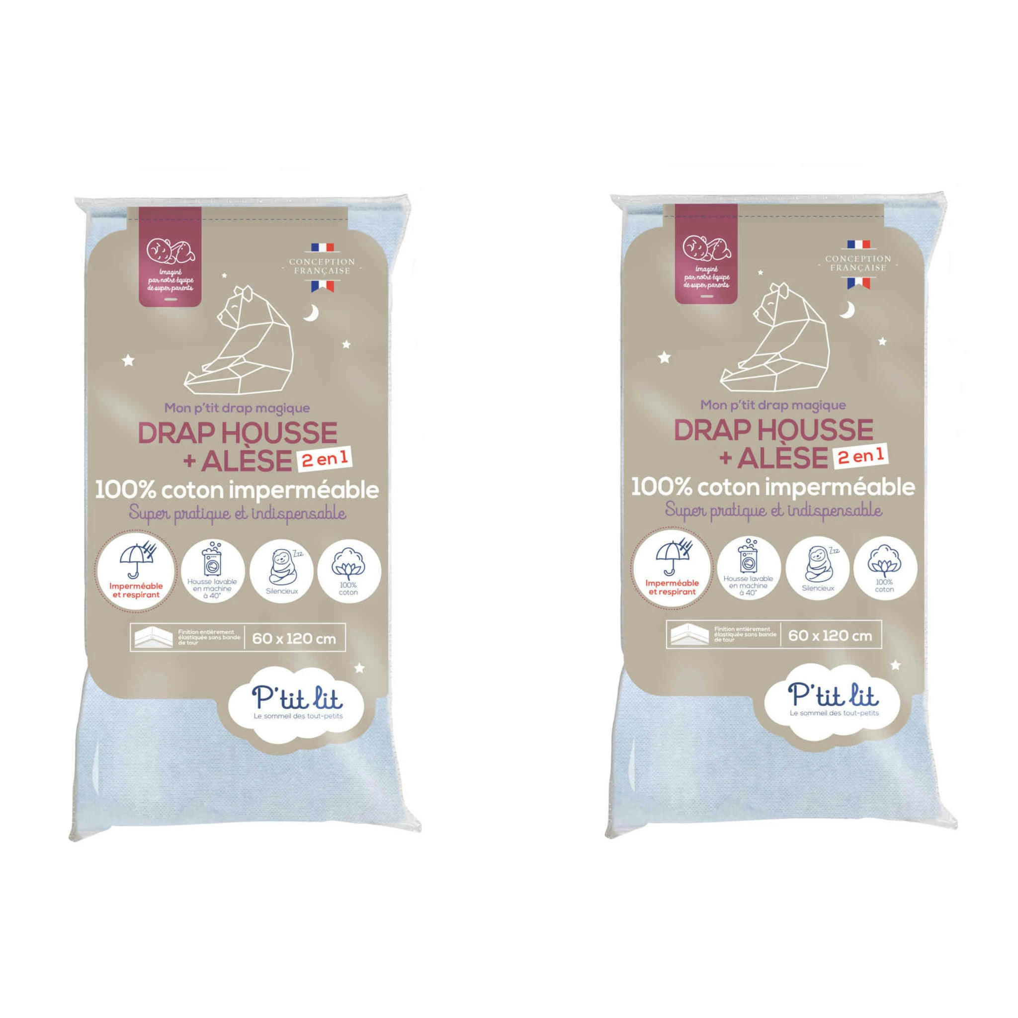 - Drap housse alèse 2 en 1 imperméable (lot de 2) 60x120