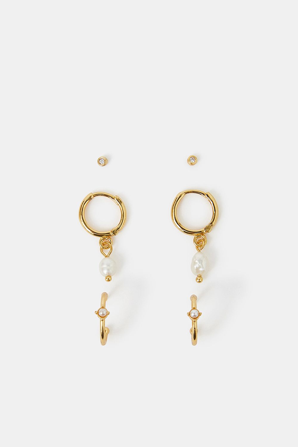Accessorize 3-Pack 14ct Gold-Plated Pearl and Stud Hoop Earrings