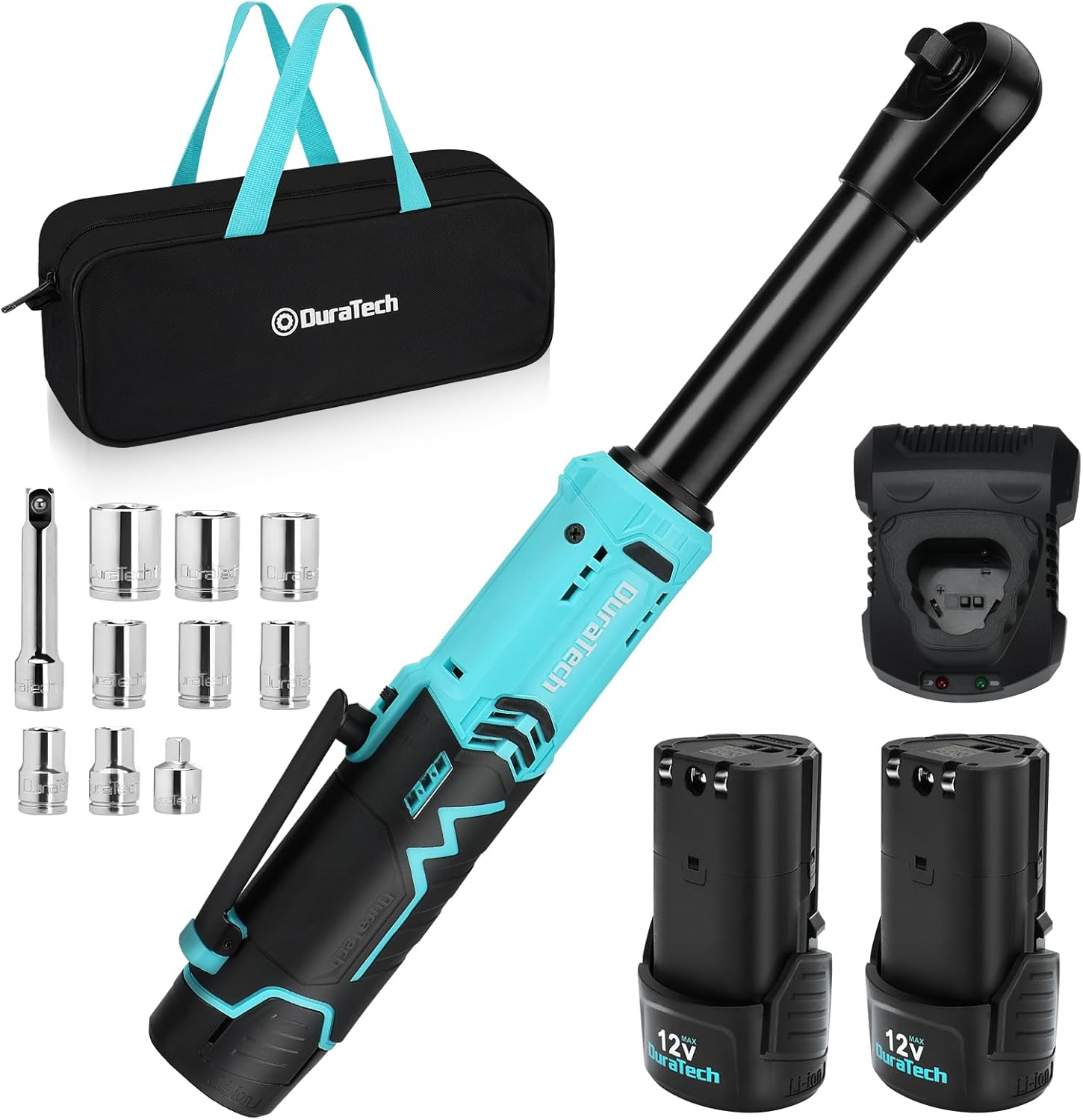 DURATECH Extended Cordless Ratchet Wrench, 3/8 12V 44 Ft-Lbs Long Neck Electric Ratchet Wrench with 2-Pack 2.0Ah Li-Ion Battery, 1 Hour Fast Charger, 10 Sockets Accessories & Variable Speed Trigger