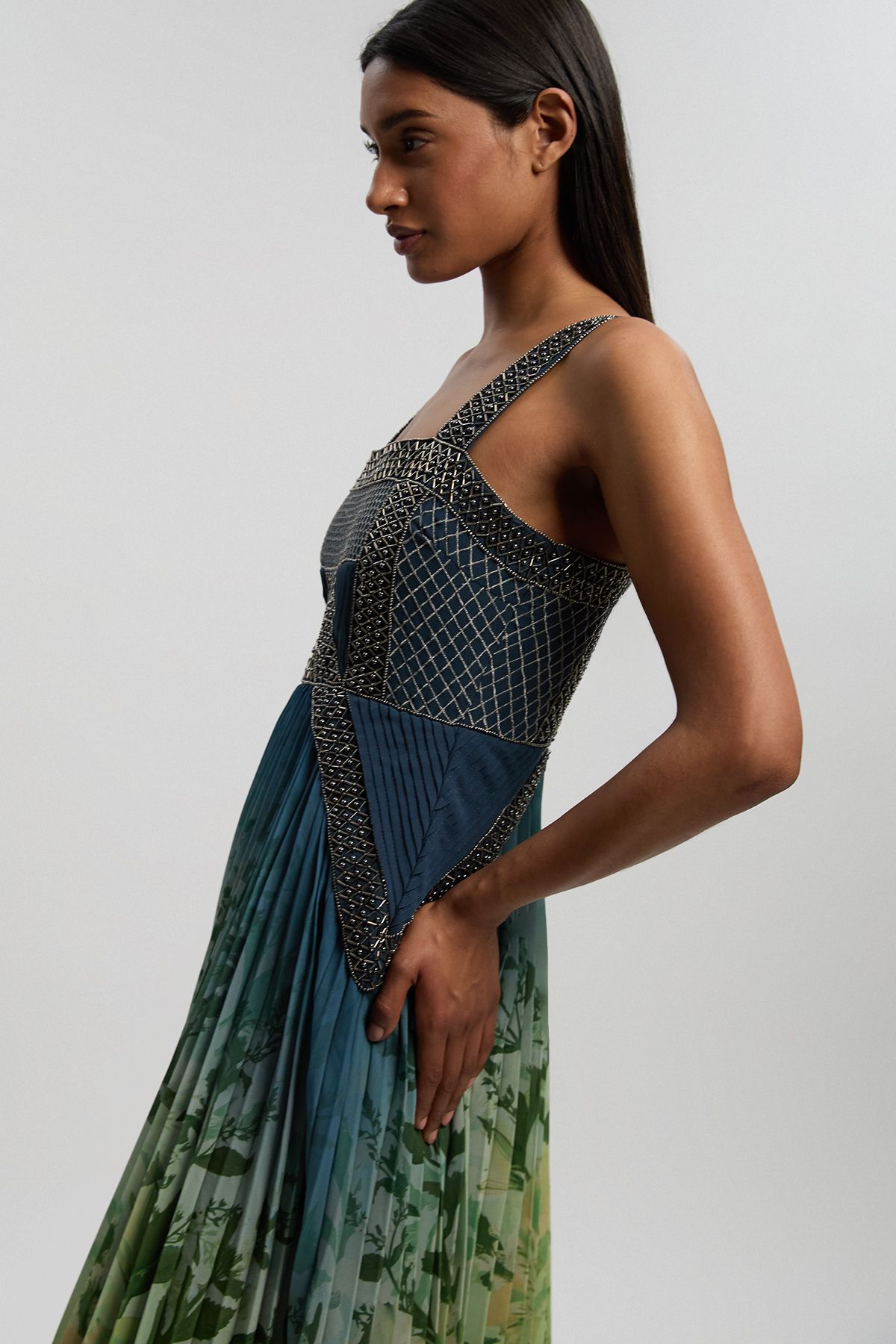 KarenMillen Embellished Ombre Floral Pleated Woven Maxi Dress