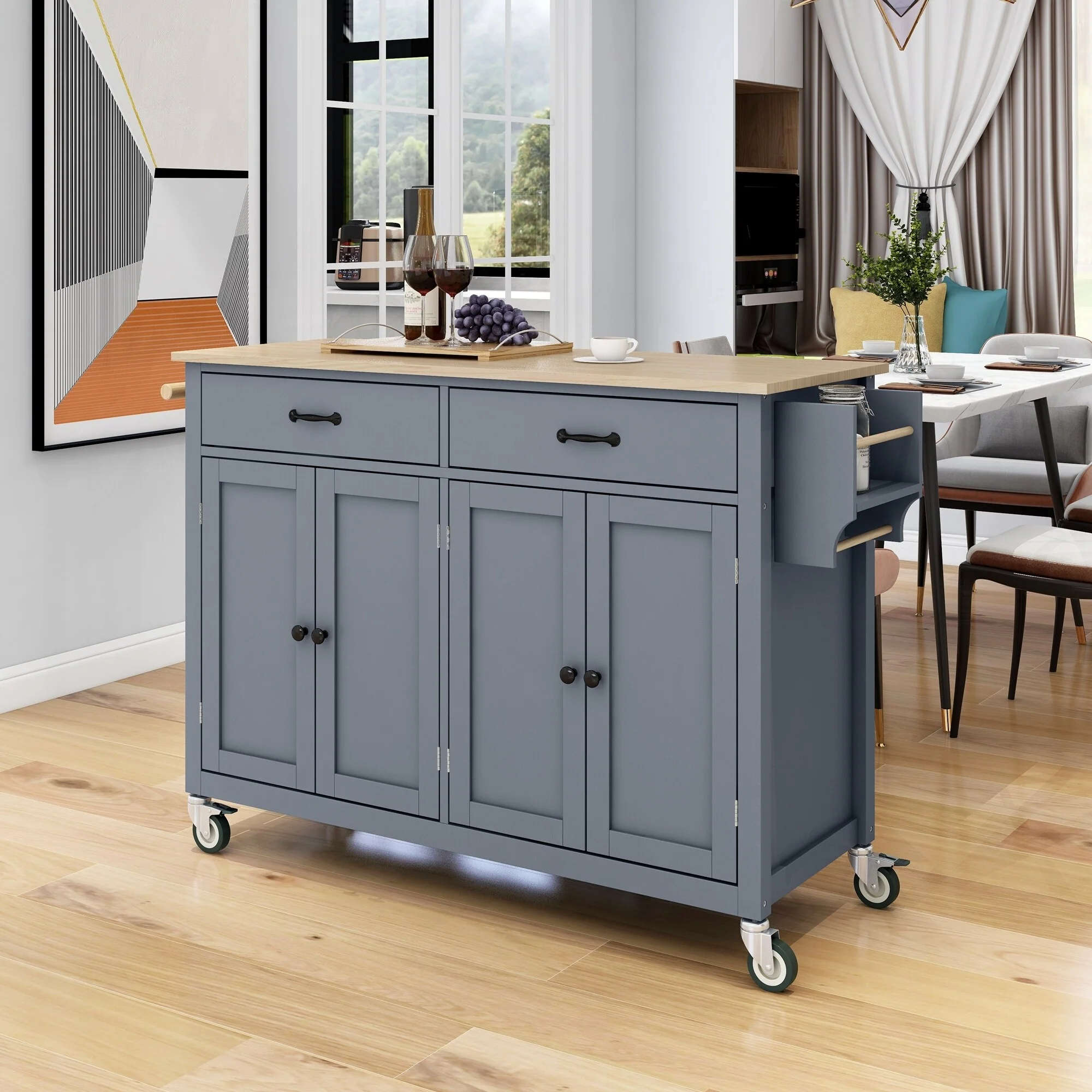 Roomfitters Kitchen Island Cart with Solid Wood Top - 4 Door Cabinet, Two Drawers, Adjustable Shelves, Spice & Towel Rack