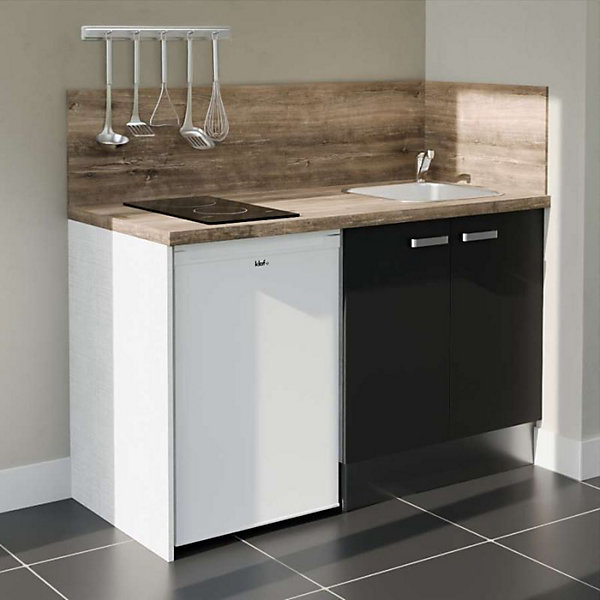 Kitchenette K17 - 140 cm - Façades : Noir - Plan de travail : Bois - Crédences : Oui - Evier