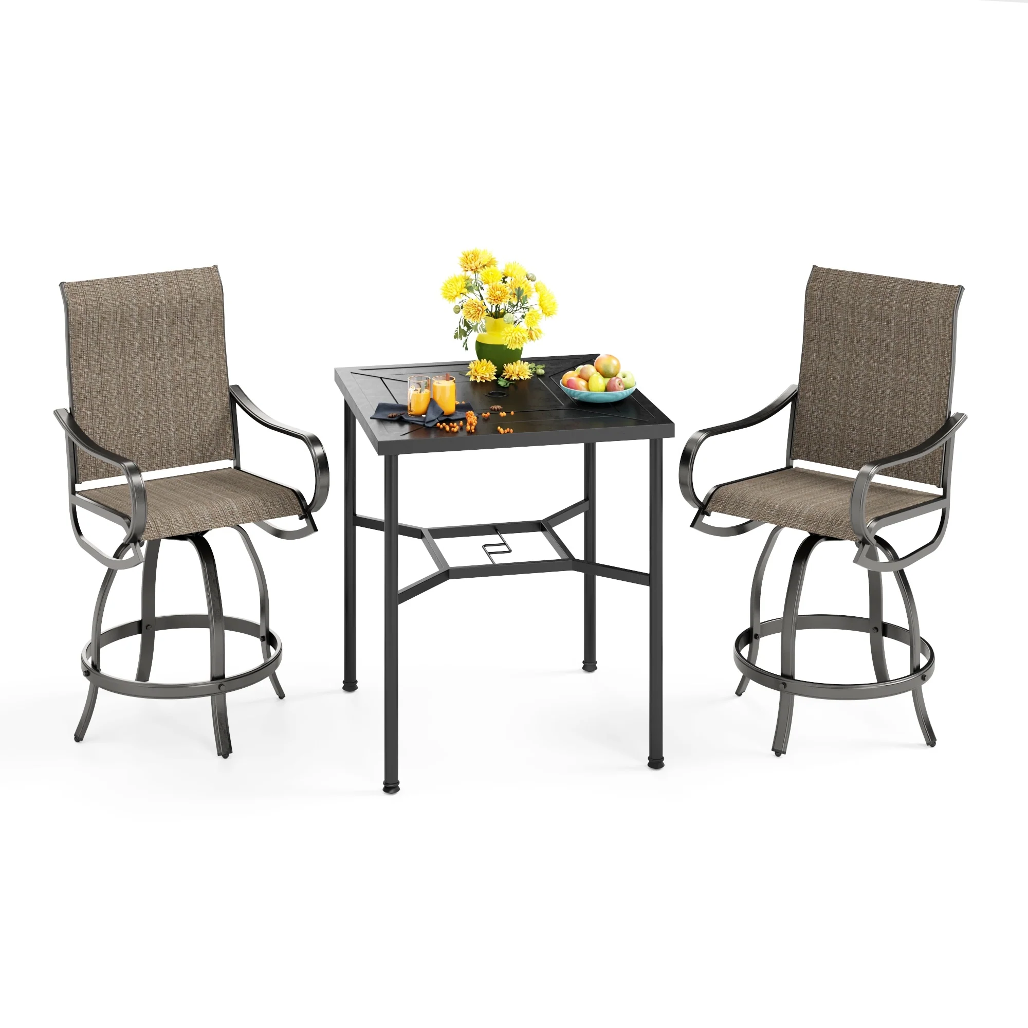 MAISON ARTS 3/5-Piece Patio Bar Stool Set of Metal Coffee Table & Textilene Swivel High Bar Stools