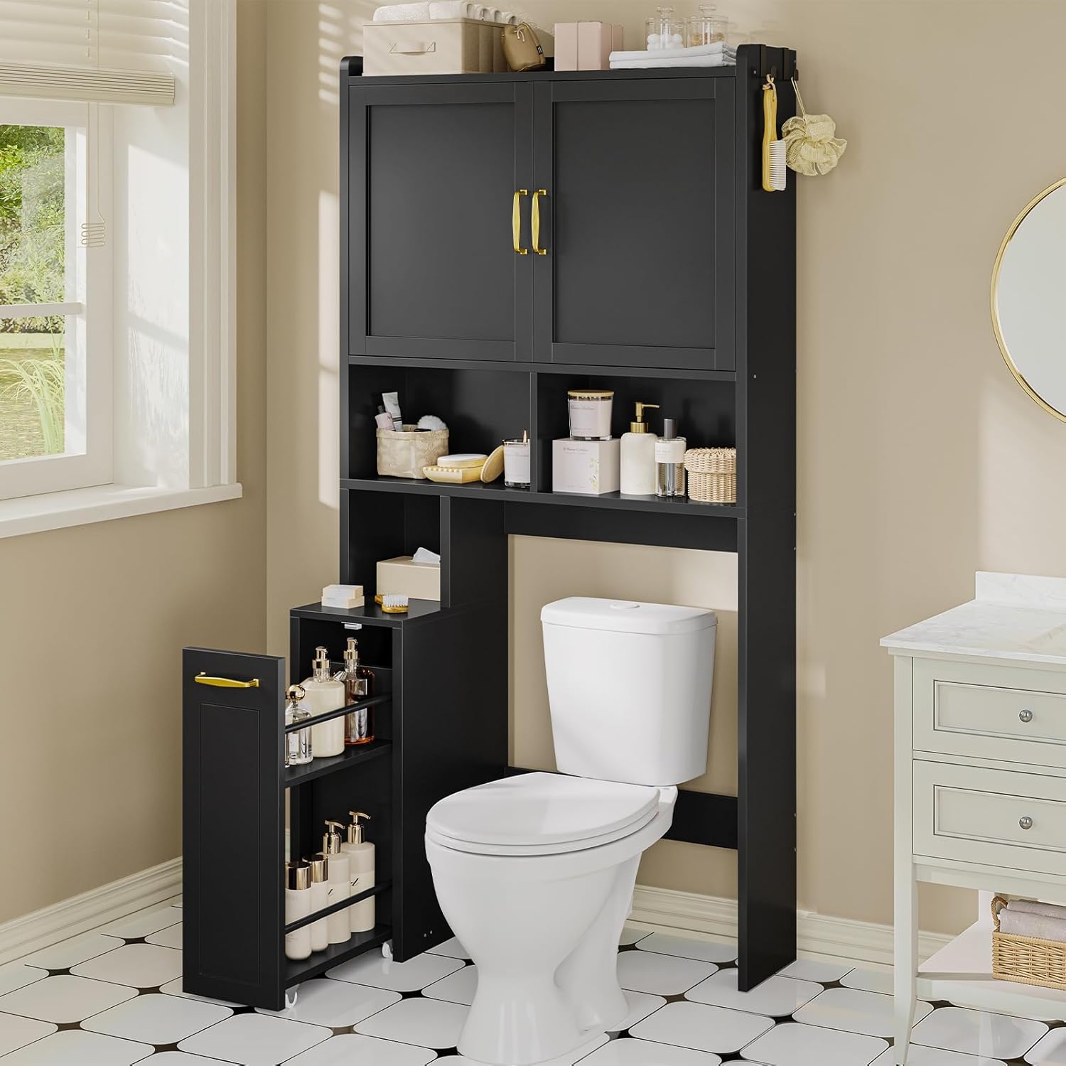 UPOSOJA Over The Toilet Storage Cabinet with Pulley Small Bathroom Storage Cabinet, Space Saver W/Adjustable Shelf & Open Shelf for Bathroom, Restroom, Laundry (Black)