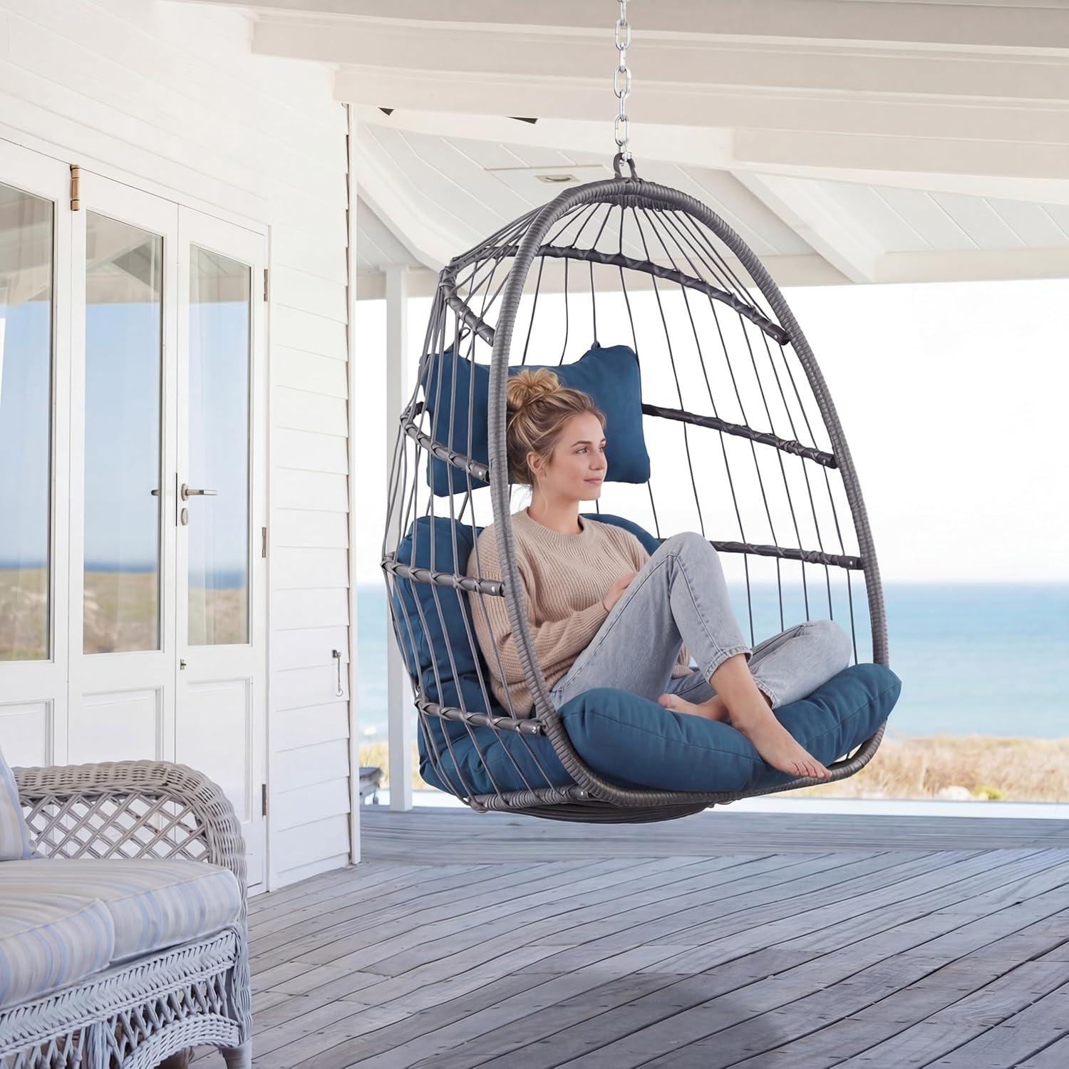 Hanging Egg Chair - Patio Rattan Wicker Swing Egg Chair Hammock Chair for Indoor Outdoor Bedroom Garden - Aluminum Steel Frame UV Resistant Cushion (Aluminum-Without Stand, Teal Blue)