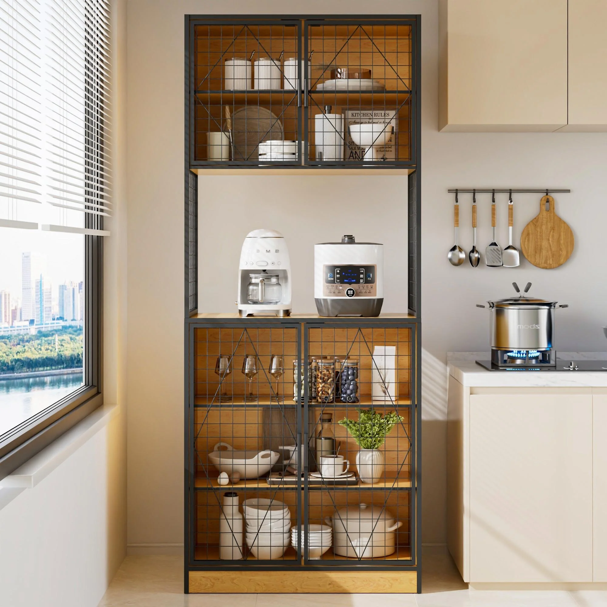 Javlergo 72 Kitchen Pantry Cabinet with Door and Shelves, Tall Kitchen Hutch Cabinet with Microwave Stand