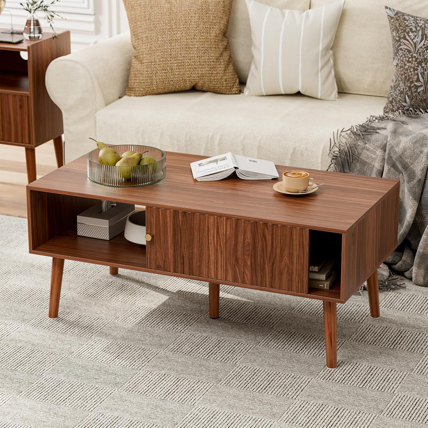 LCRBOL Coffee Table with Storage, Mid Century Dining Table with Sliding Fluted Door and Solid Wood Legs, Small Coffee Tables for Living Room, Walnut