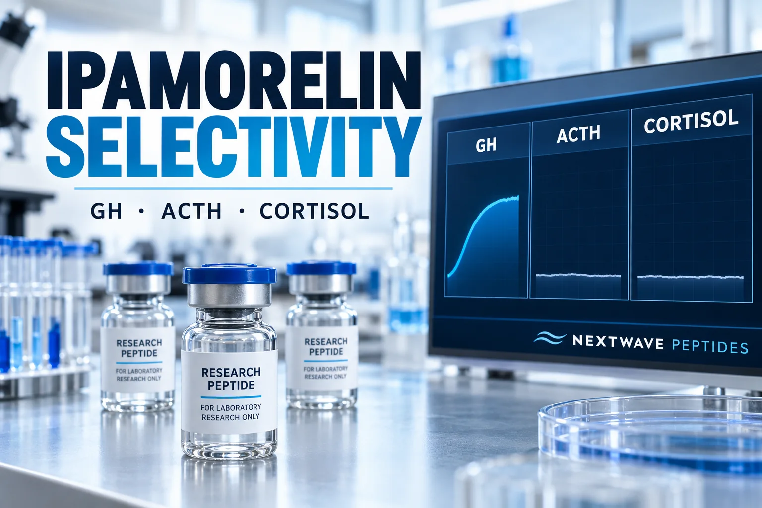 Ipamorelin research vials beside a laboratory display comparing GH, ACTH, and cortisol evidence readouts.