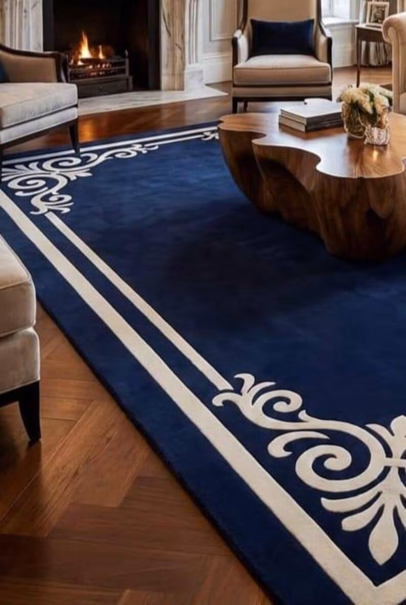 Secondary Keywords: Traditional ivory border rug, designer blue and cream rug, classic living room floor covering