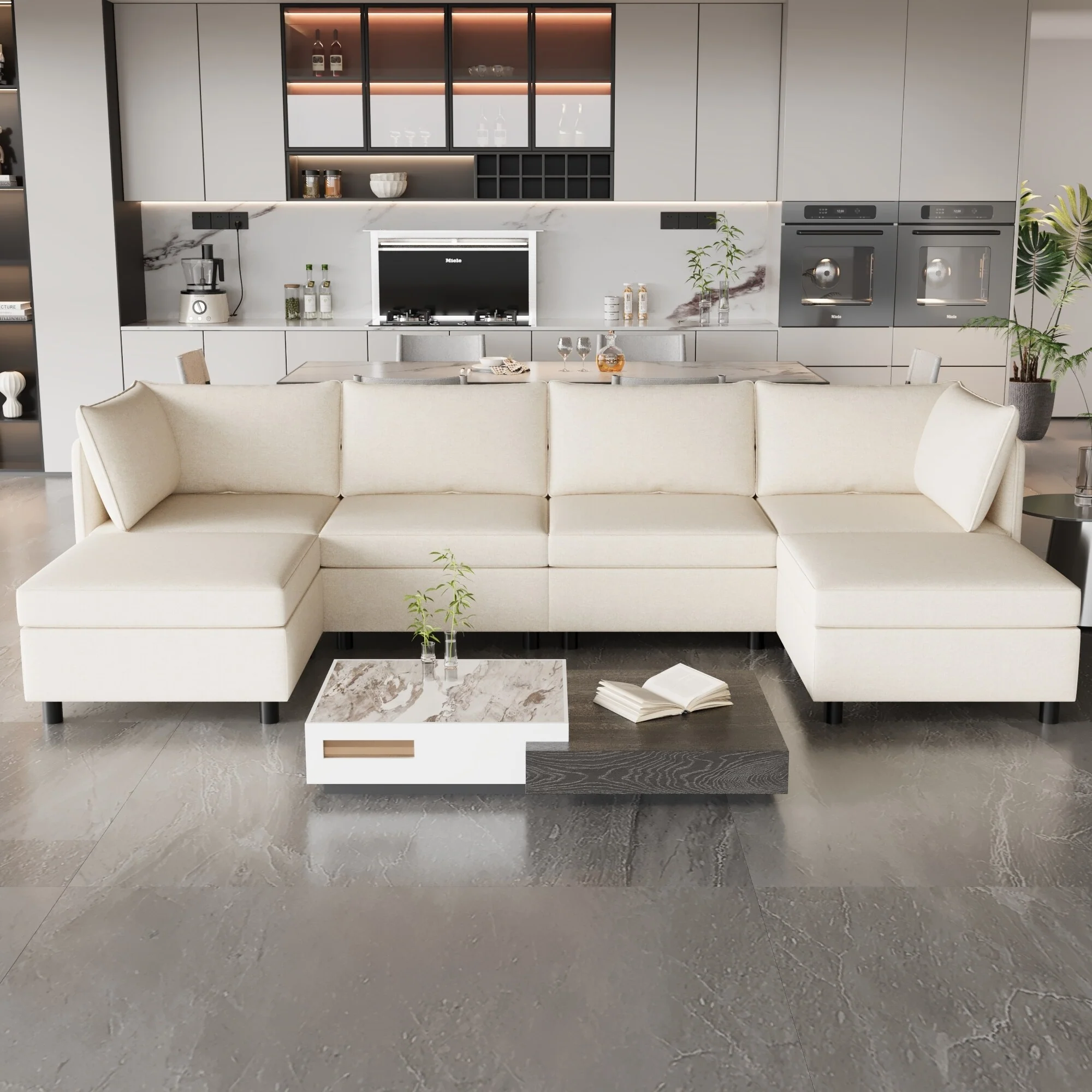 68'' L-Shaped 6-Seater Modular Sectional Sofa with Storage, Convertible Ottoman, High-Density Foam, and Pocket Springs