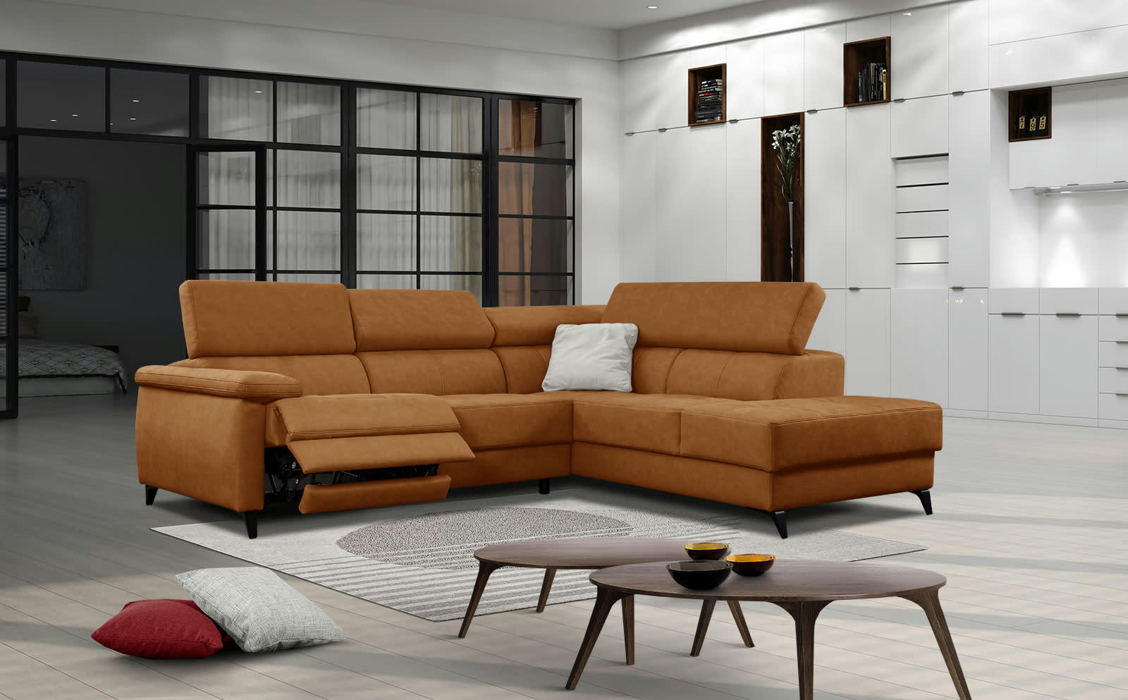 TAUNUS - Le canapé d'angle droit 5 places marron avec une relaxation