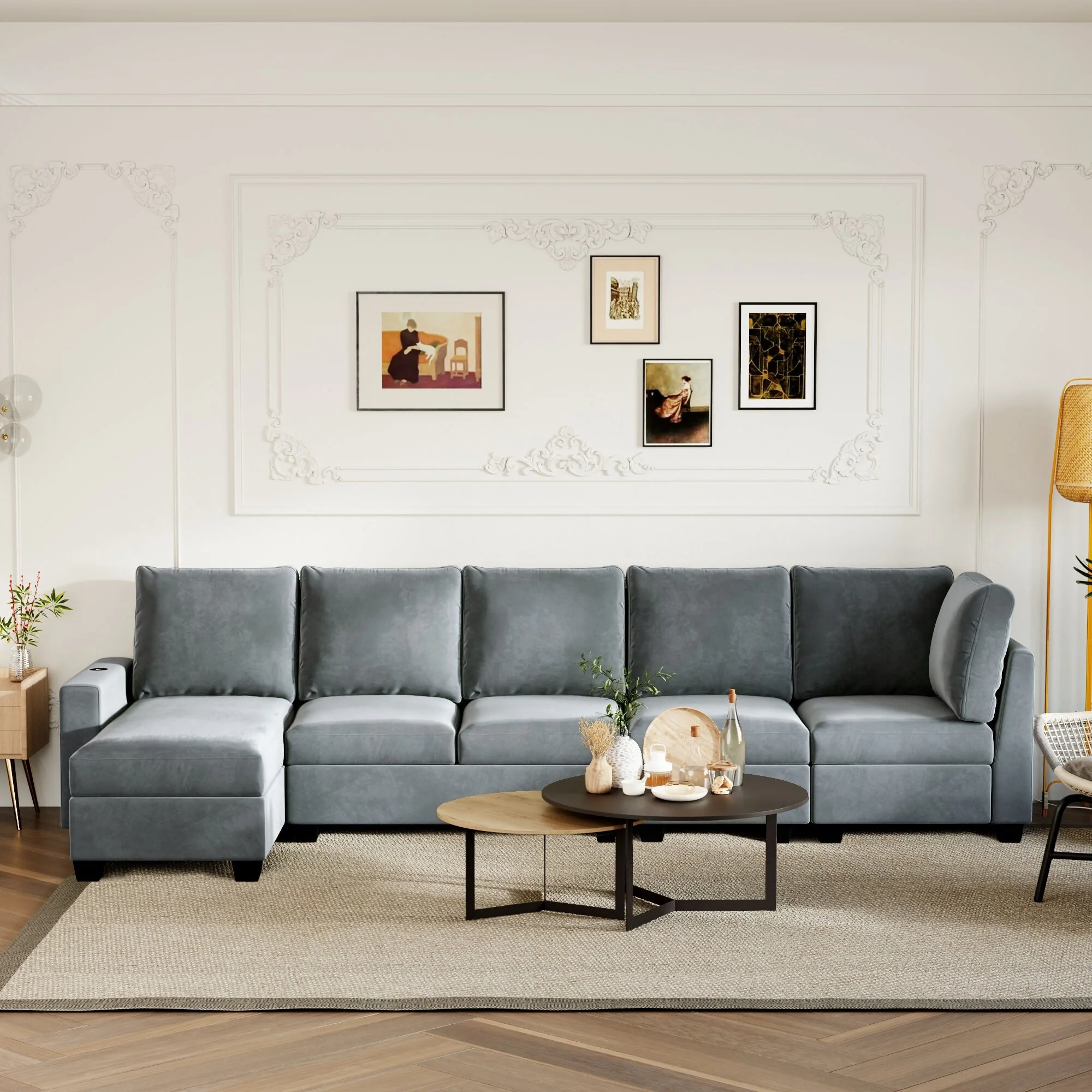 138 L-Shaped Velvet 6-Seat Modular Sofa with Convertible Chaise and Charging Ports