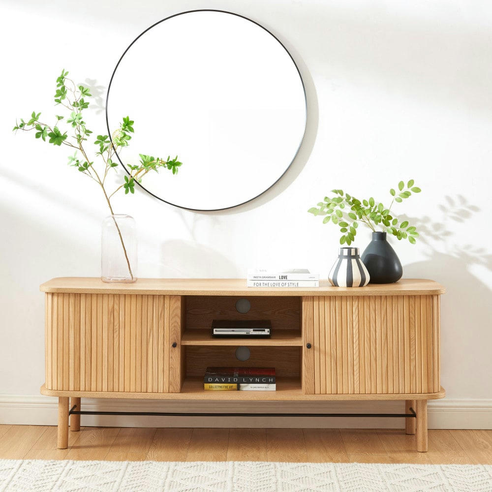 MATI - Meuble TV 2 portes 2 niches en bois L150cm bois clair
