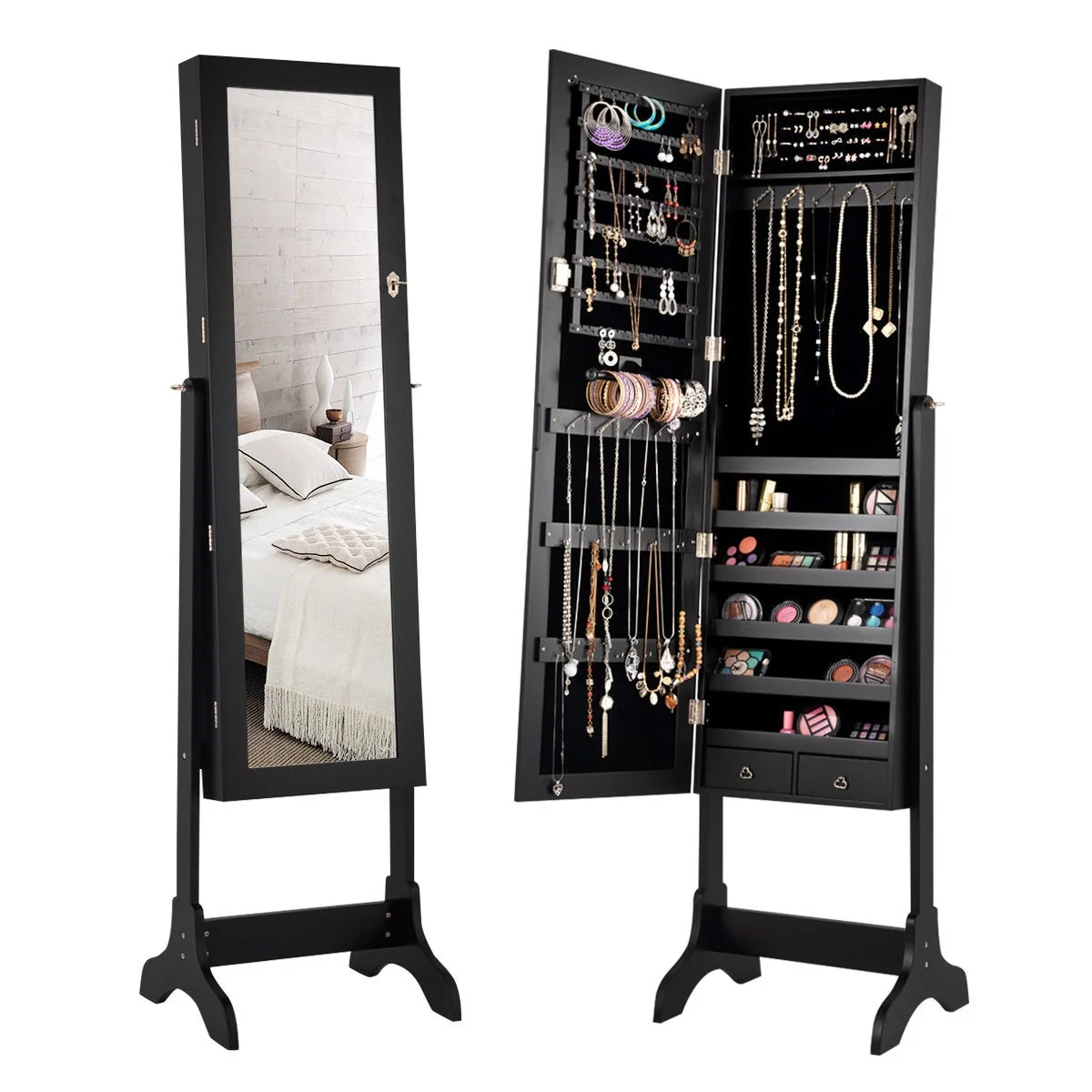 Gymax Jewelry Organizer Vanity Box w/ Full Length Mirror Black/ White - See Details