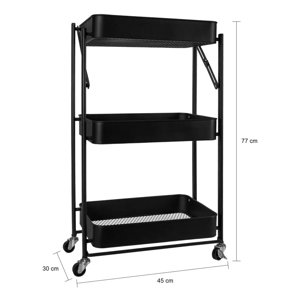 QUVIO Keukentrolley metaal opvouwbaar met 3 lagen en op wieltjes - Zwart