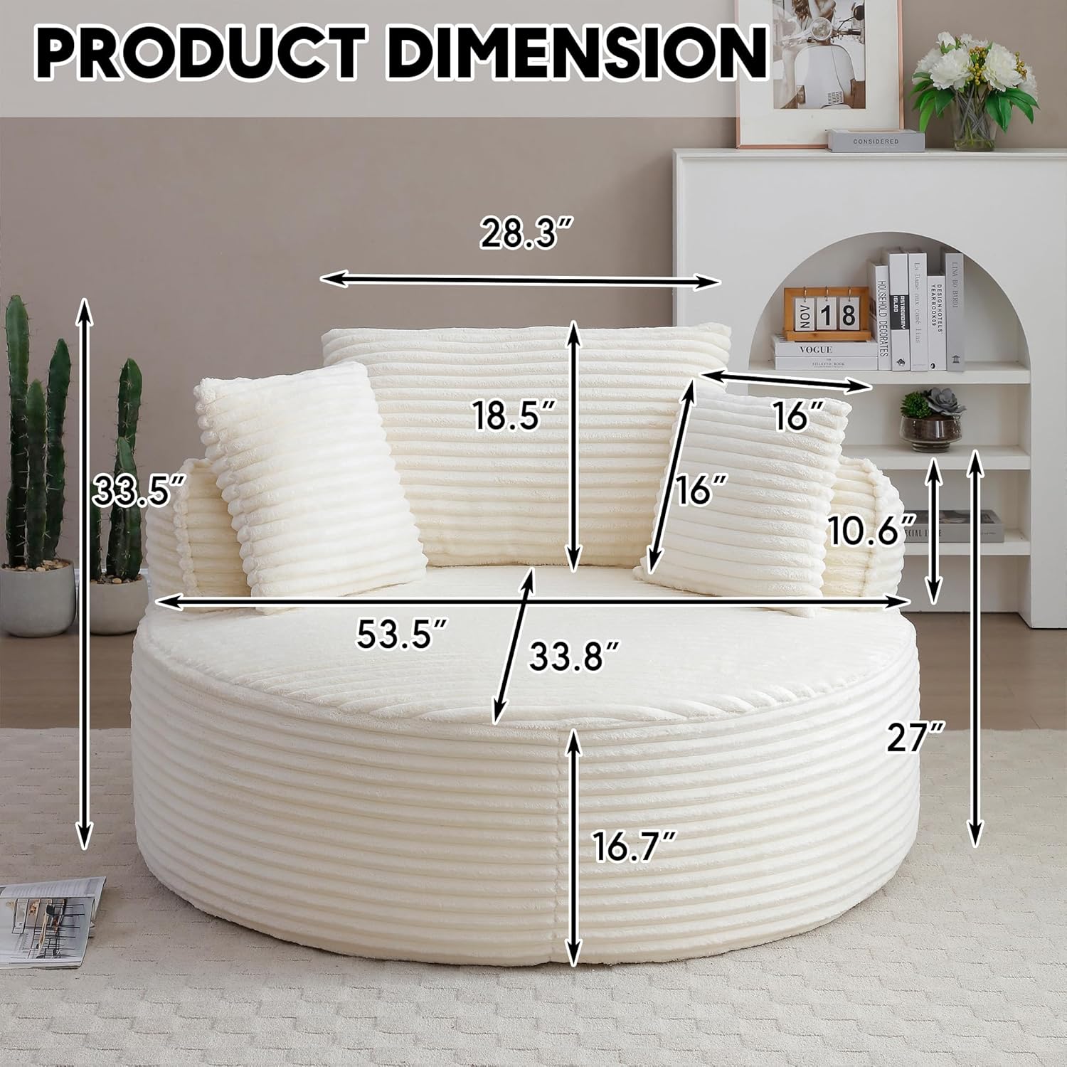 Oversized Round Chair Lounge Chaise Indoor, 53.5 Corduroy Boneless Round Chair, Fluffy Single Deep Seat Cloud Sofa Chairs, Modern Circle Chaise Lounge for Bedroom, Living Room, Beige White