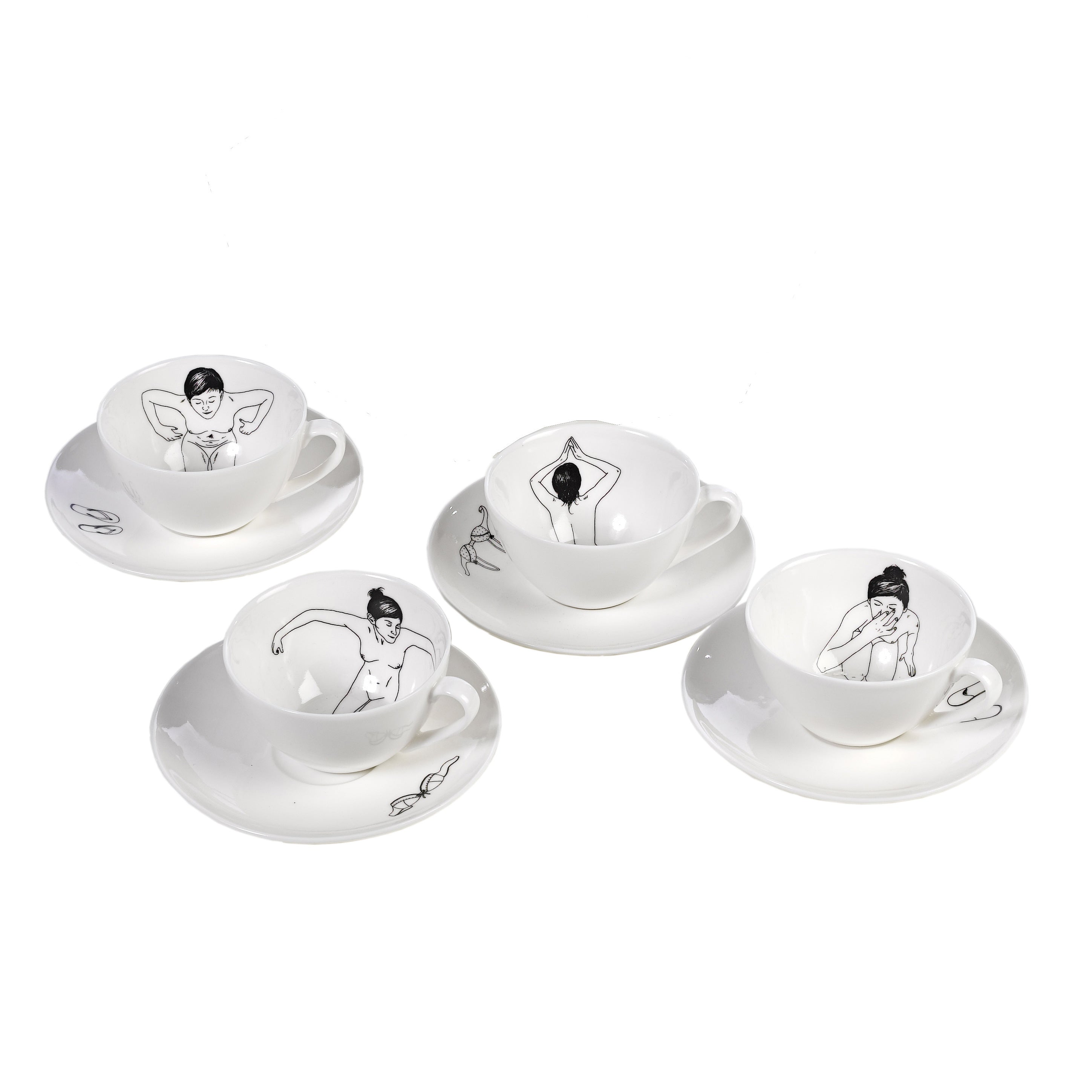 POLSPOTTEN Undressed Theekop met Schotel - Set van 4