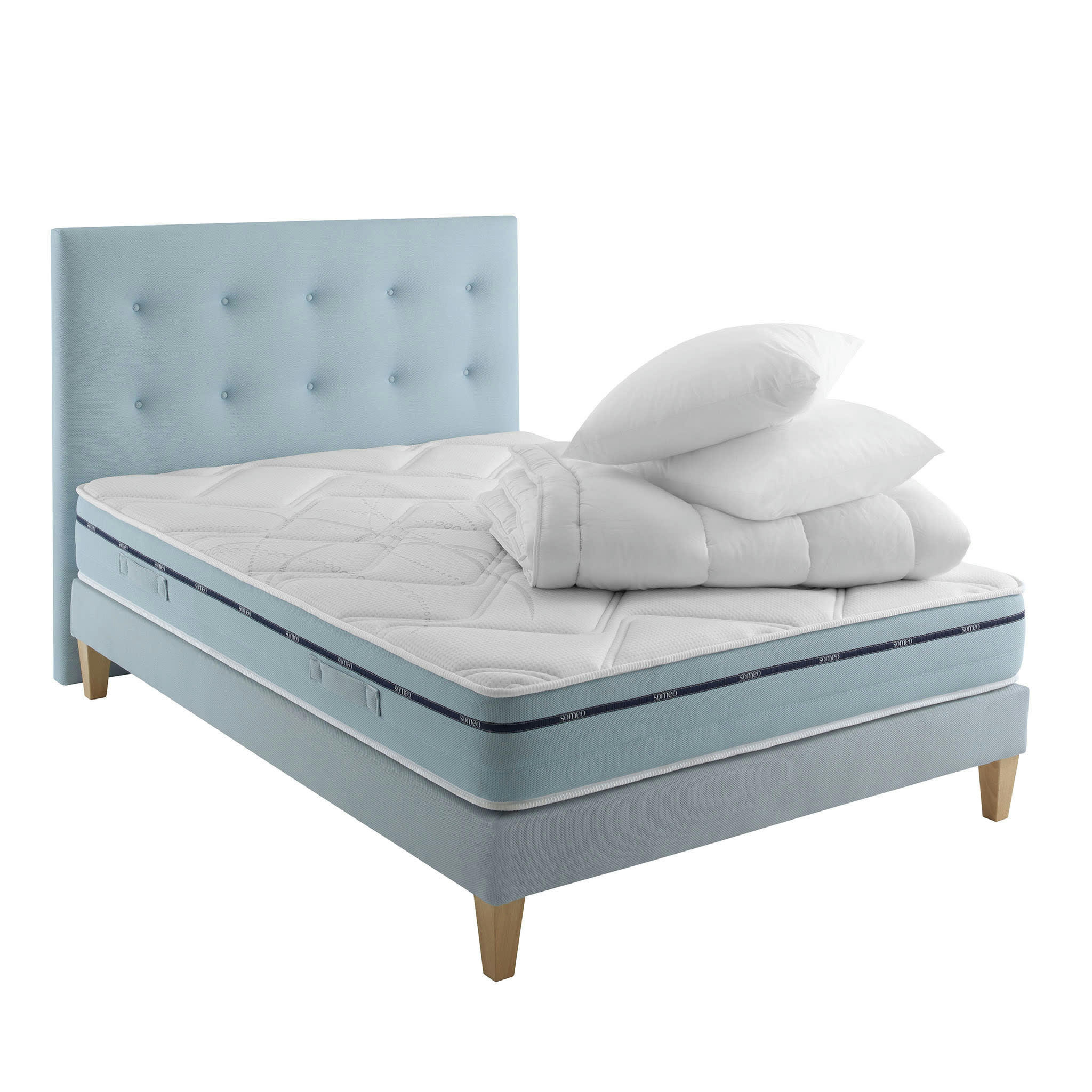 SONGE 500 - Ensemble matelas, sommier, pieds, tête de lit, couette oreiller 140x19