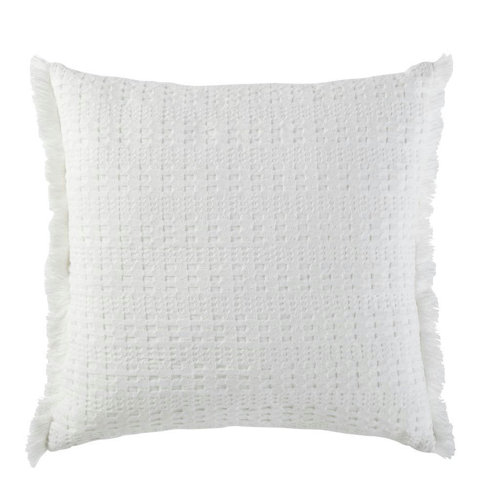 NYDIA - Coussin en coton bio gaufré blanc à franges 45x45