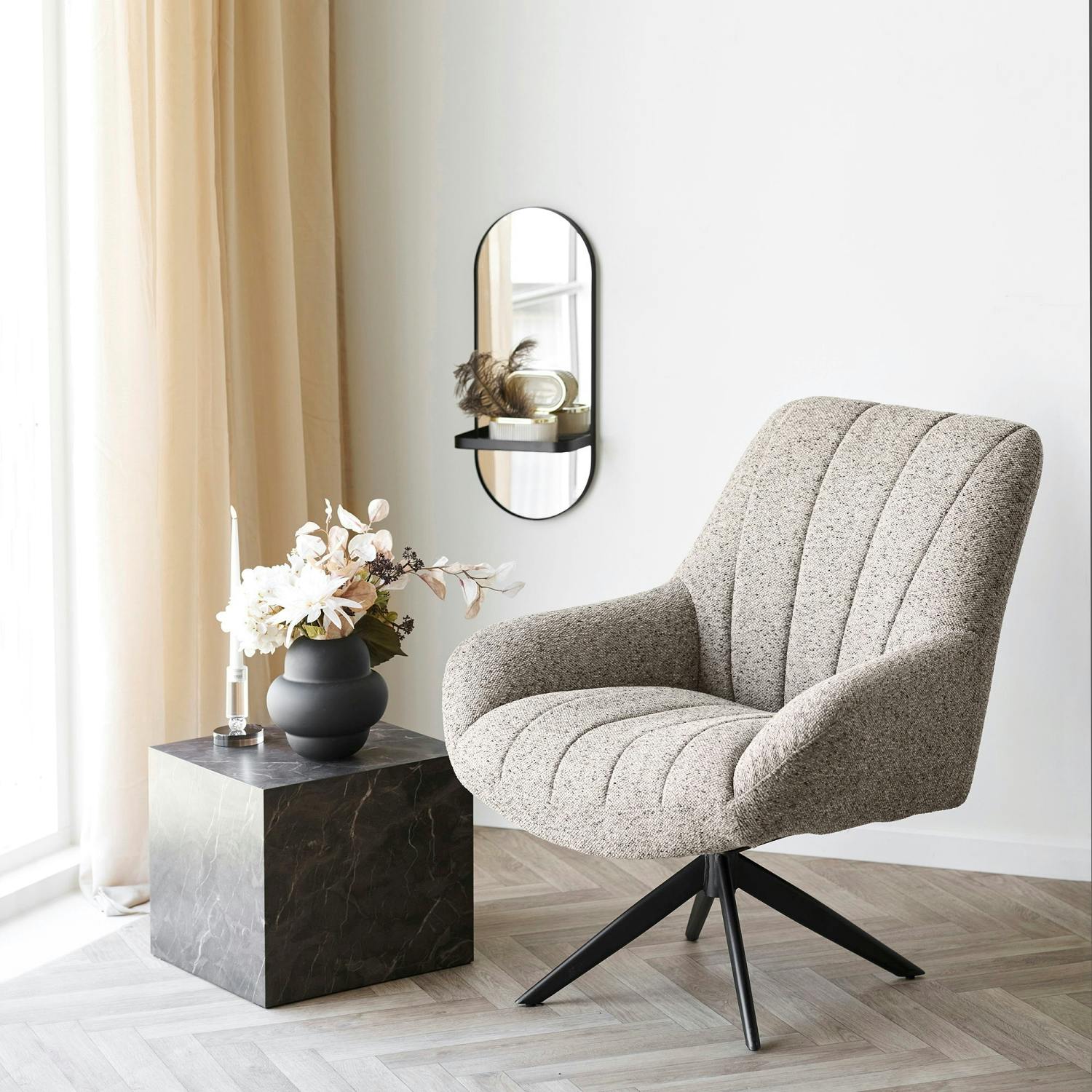 Fauteuil lounge pivotant en tissu gris chiné MONTREUX